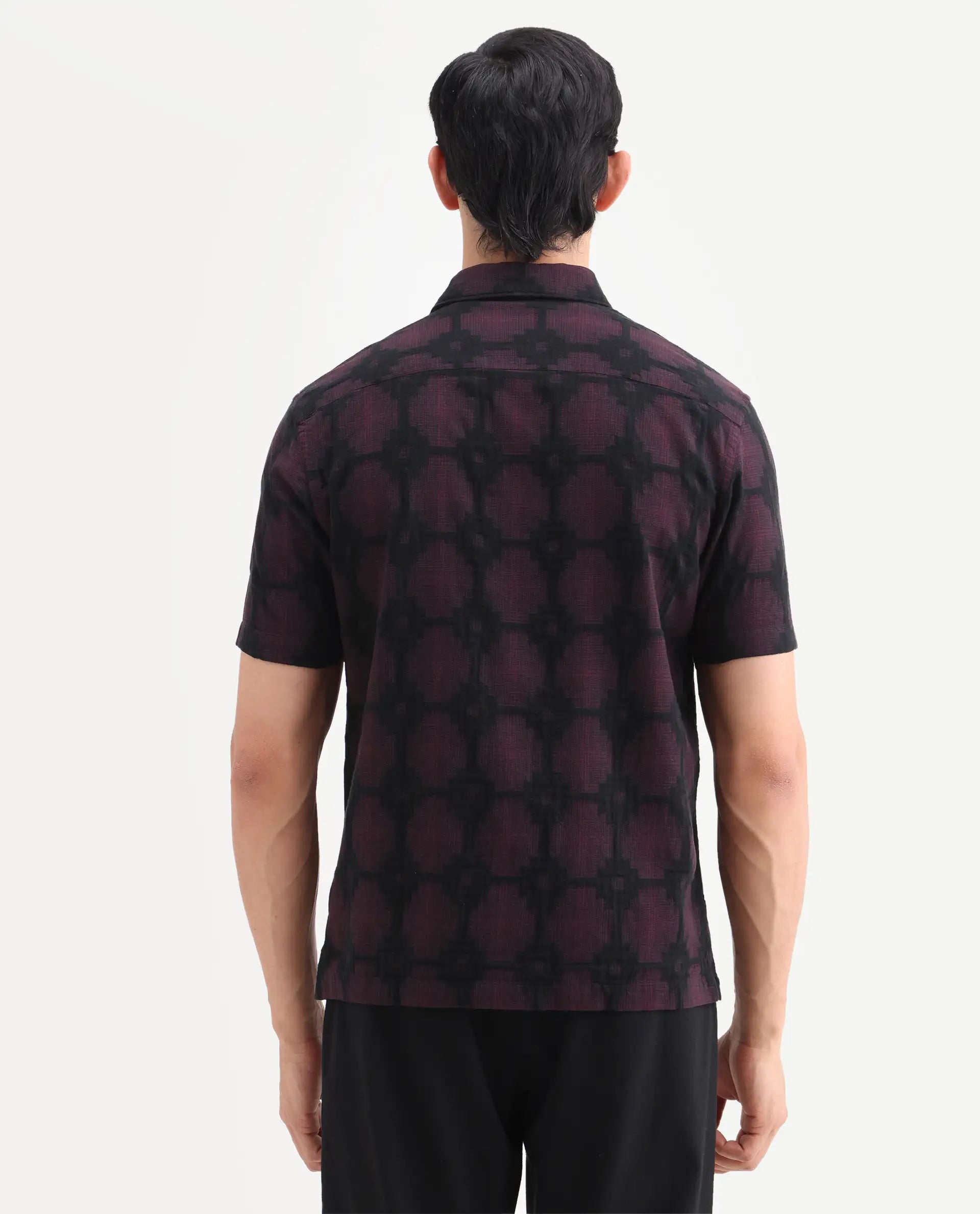 Rare Rabbit Men's Rato Dark Red Cotton Fabric Half Sleeve Spread Collar Button Regular Jacquard Shirt