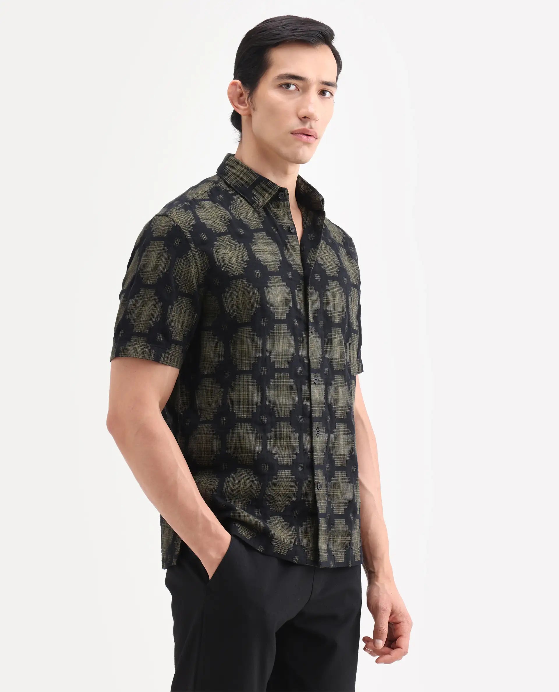 Rare Rabbit Men's Rato Dark Green Cotton Fabric Half Sleeve Spread Collar Button Regular Jacquard Shirt