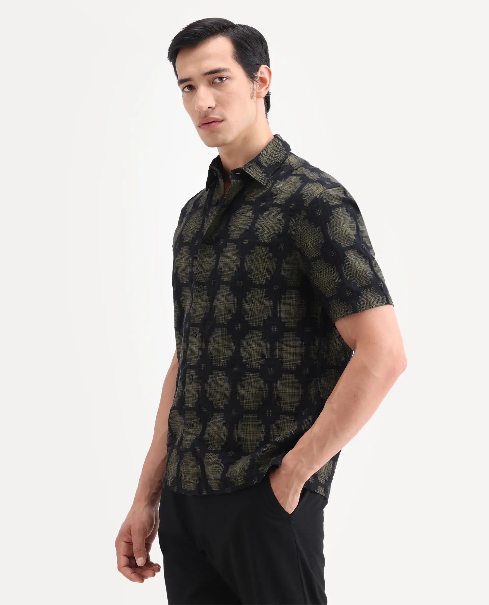 Rare Rabbit Men's Rato Dark Green Cotton Fabric Half Sleeve Spread Collar Button Regular Jacquard Shirt