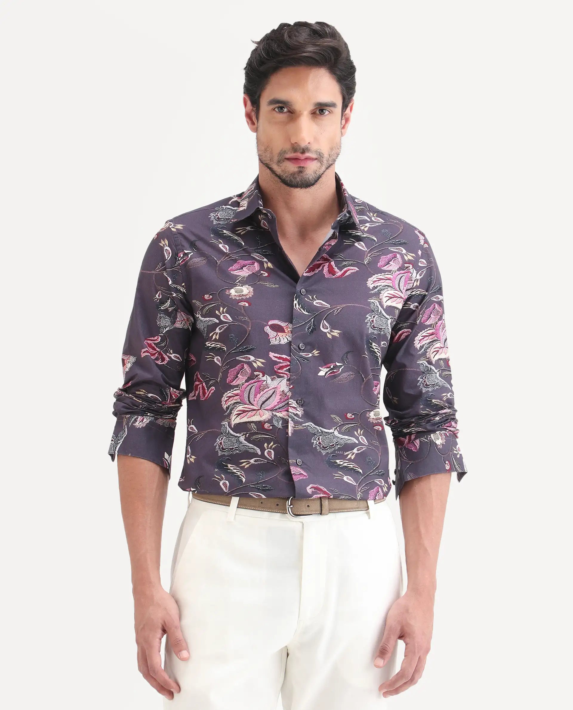 Rare Rabbit Men's Wade Dusky Purple Cotton Fabric Full Sleeve Spread Collar Button Regular Fit Floral Print Shirt