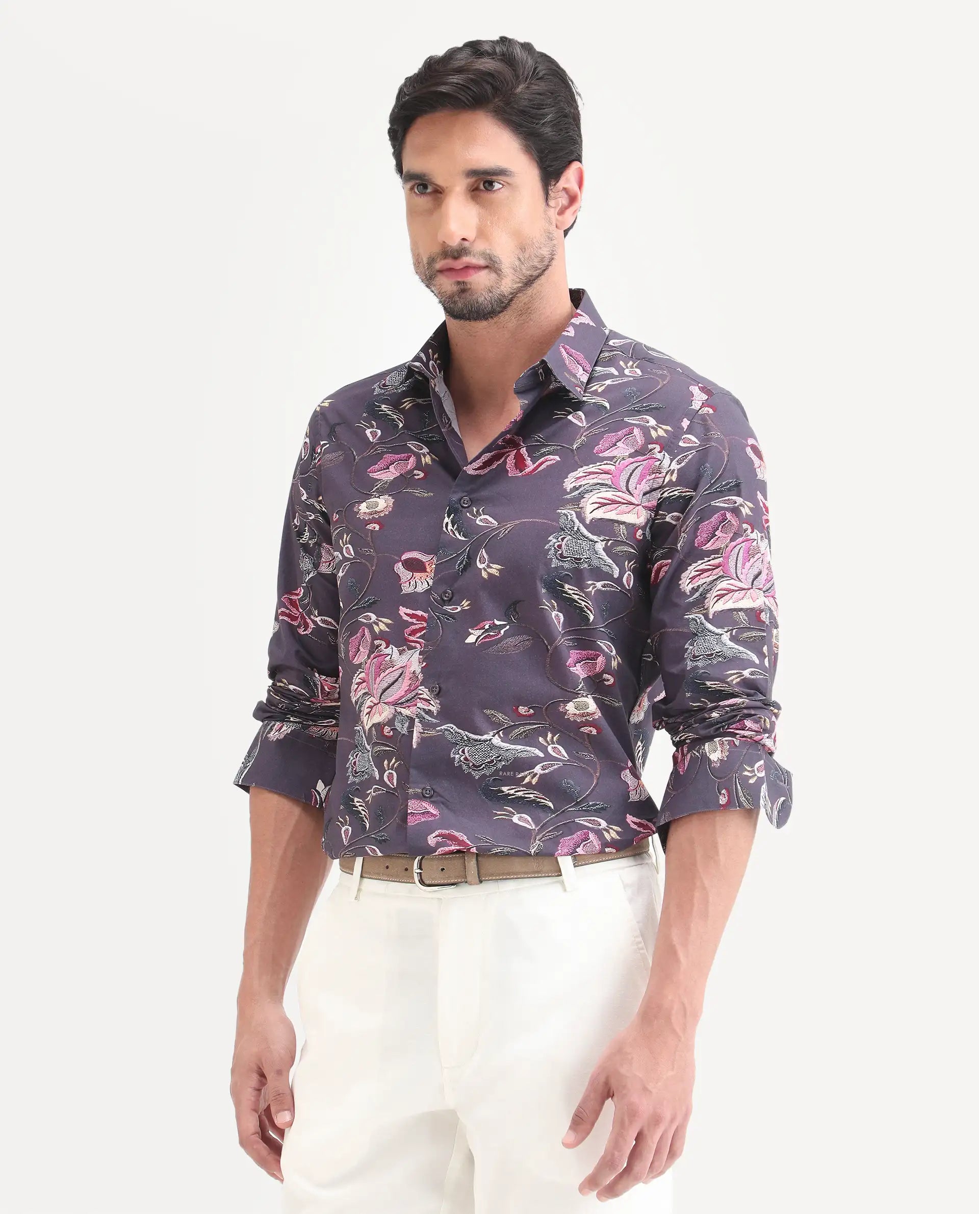 Rare Rabbit Men's Wade Dusky Purple Cotton Fabric Full Sleeve Spread Collar Button Regular Fit Floral Print Shirt