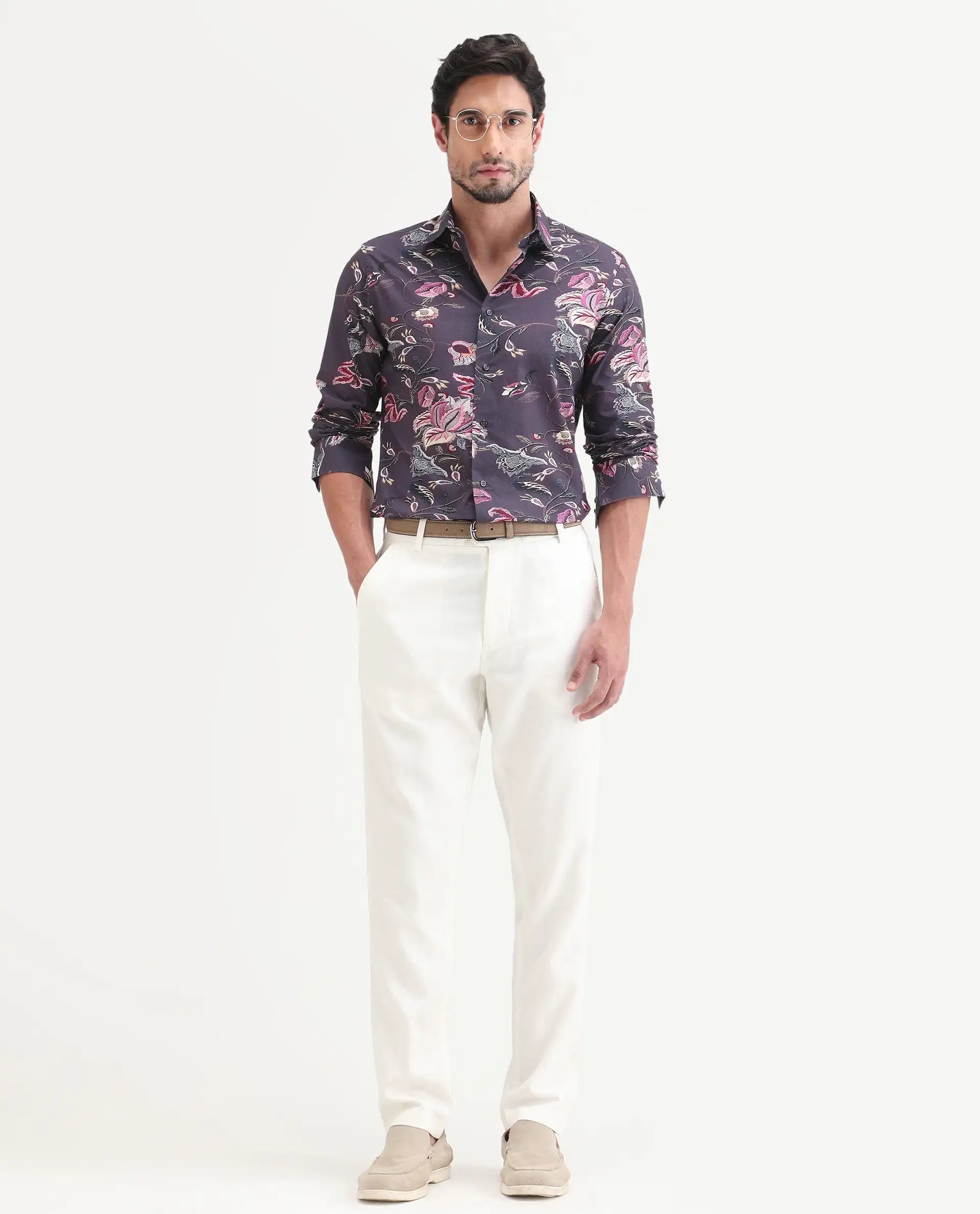Rare Rabbit Men's Wade Dusky Purple Cotton Fabric Full Sleeve Spread Collar Button Regular Fit Floral Print Shirt