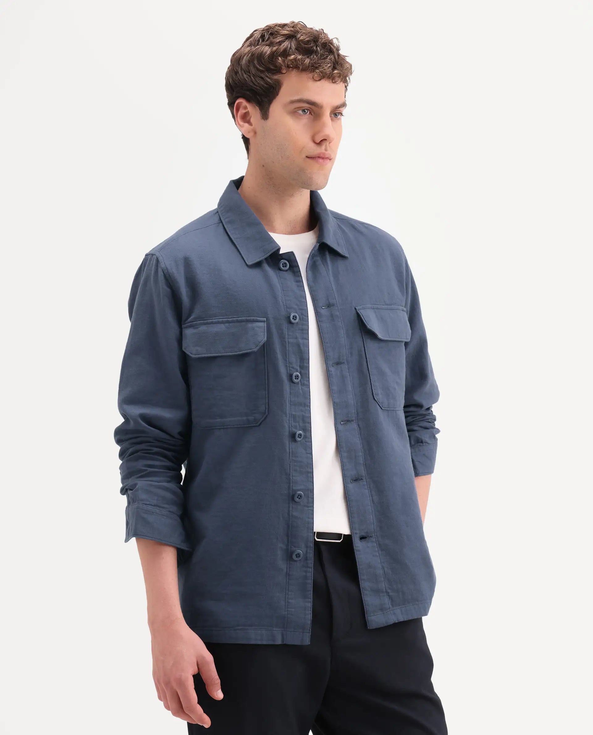 Rare Rabbit Men's Prest-Ss26 Blue Cotton Fabric Full Sleeve Spread Collar Button Regular Plain Shacket