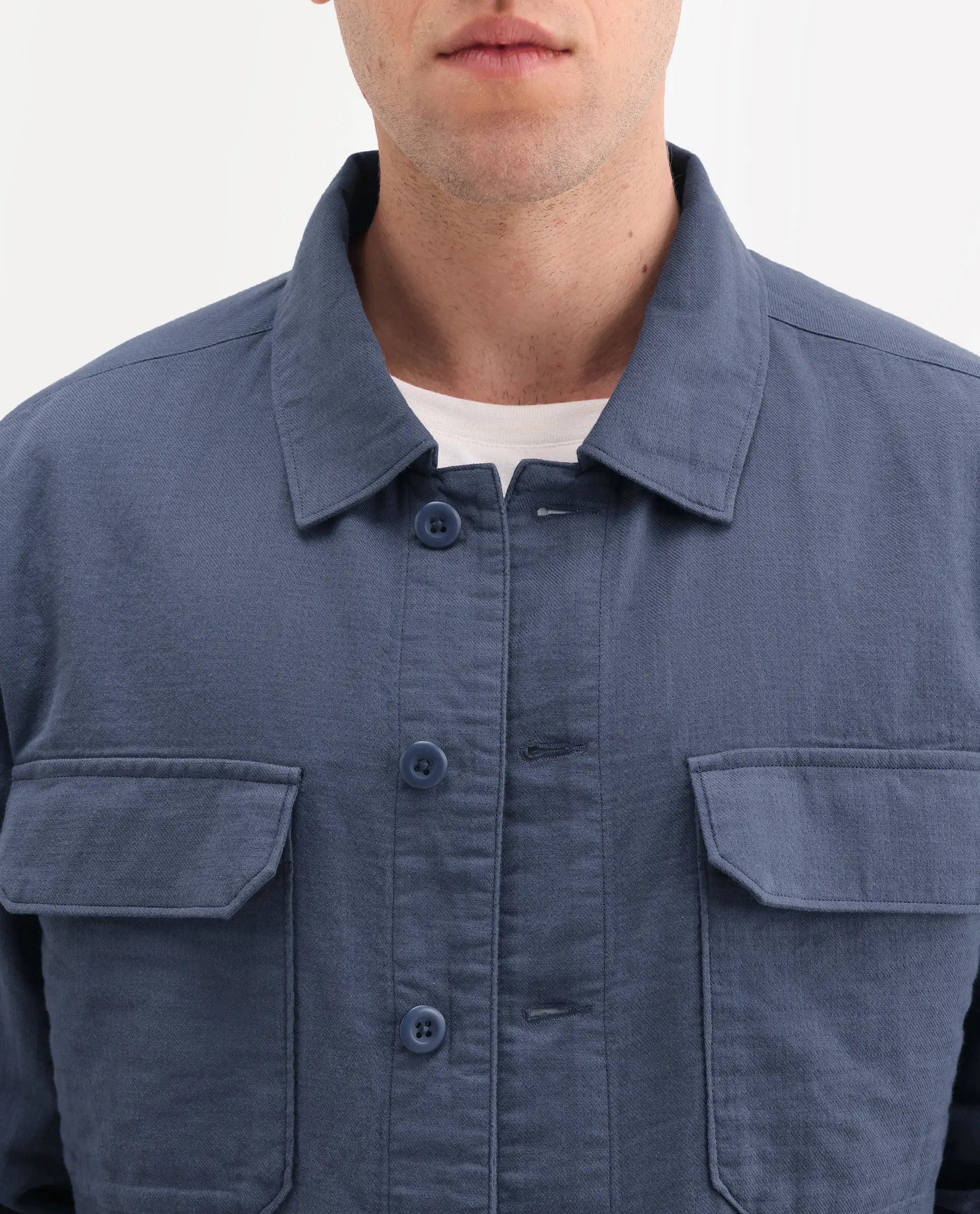 Rare Rabbit Men's Prest-Ss26 Blue Cotton Fabric Full Sleeve Spread Collar Button Regular Plain Shacket