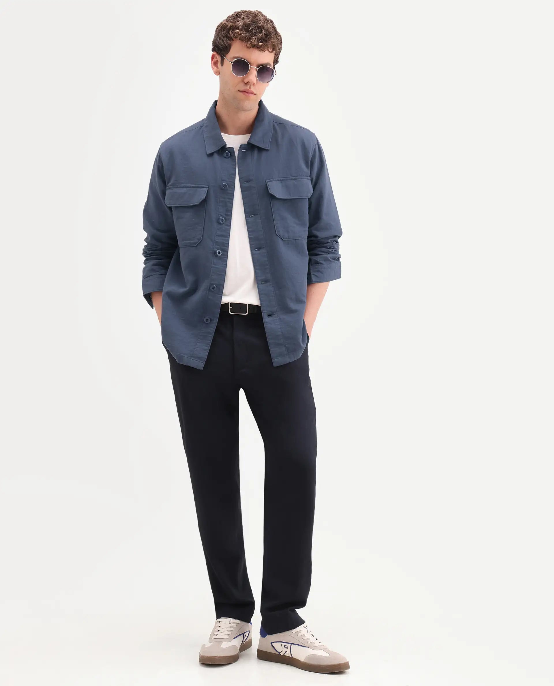 Rare Rabbit Men's Prest-Ss26 Blue Cotton Fabric Full Sleeve Spread Collar Button Regular Plain Shacket