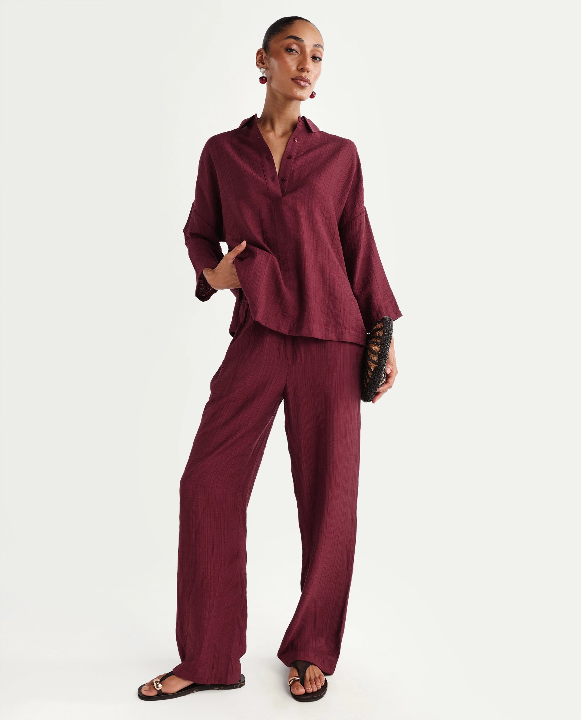 Rareism Women's Dano-B Maroon Viscose Blend Drawstring Wide Plain Trouser