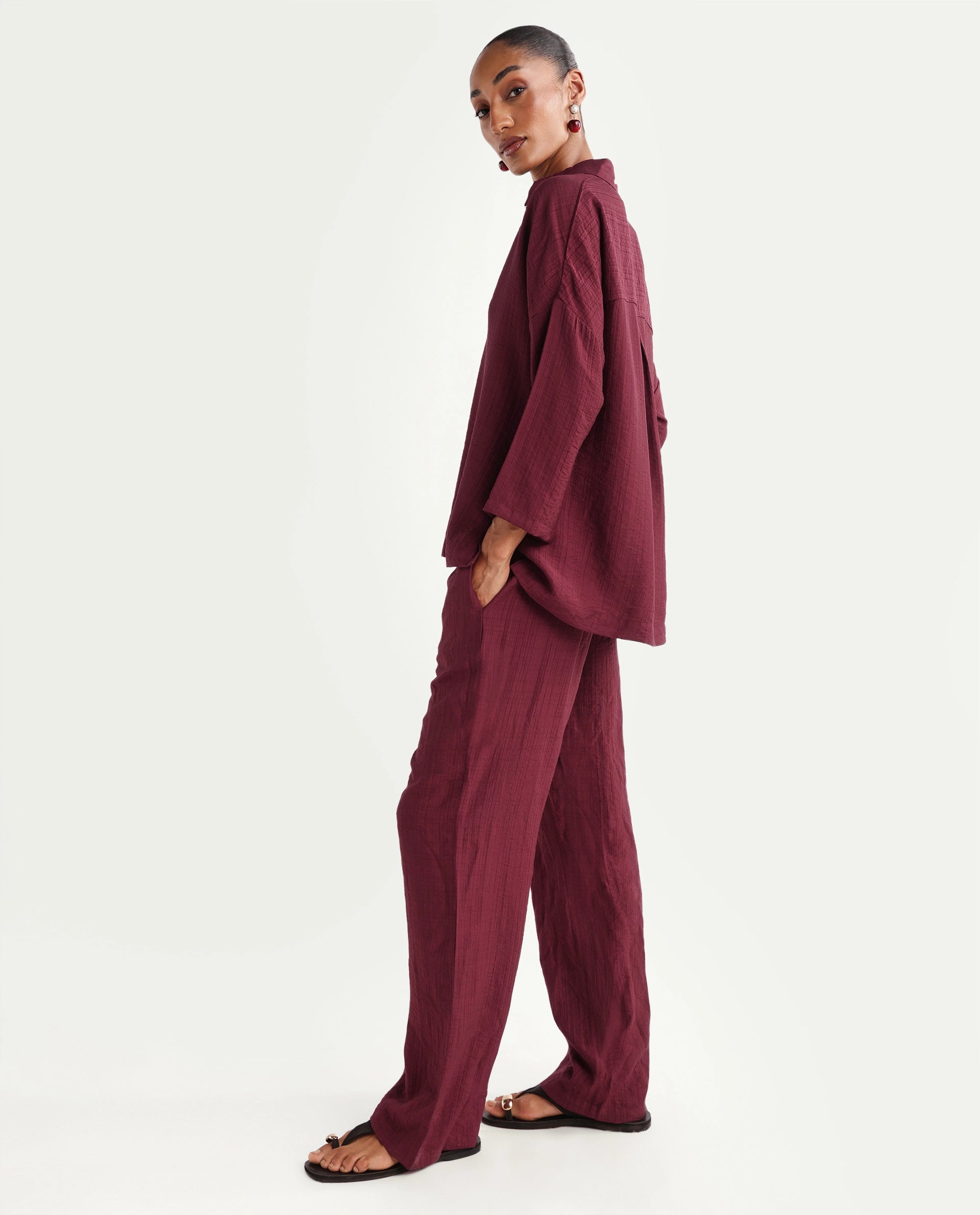 Rareism Women's Dano-B Maroon Viscose Blend Drawstring Wide Plain Trouser