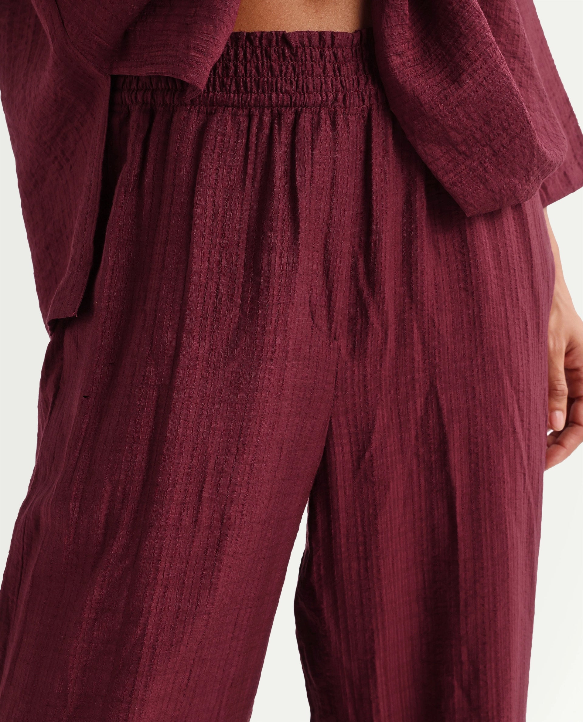 Rareism Women's Dano-B Maroon Viscose Blend Drawstring Wide Plain Trouser