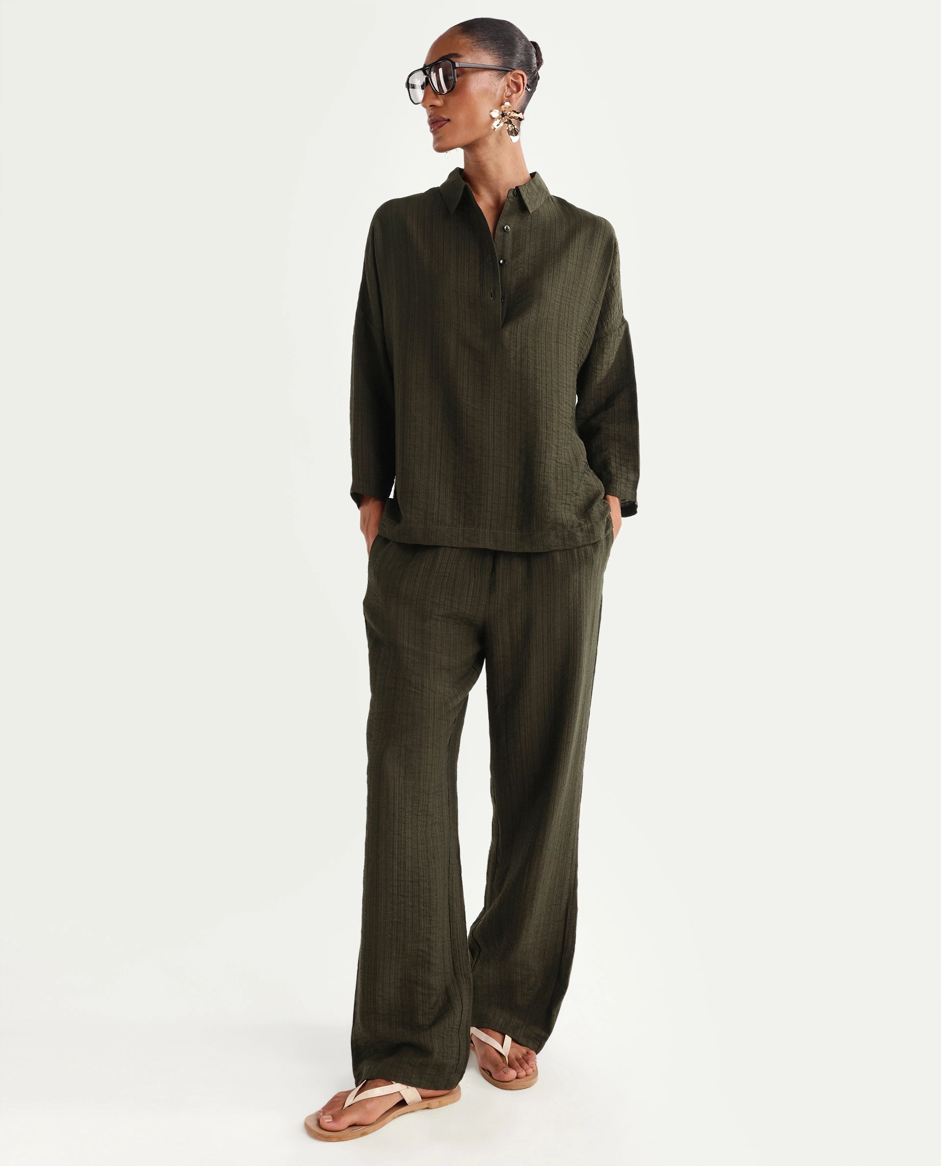 Rareism Women's Dano-B Olive Viscose Blend Drawstring Wide Plain Trouser