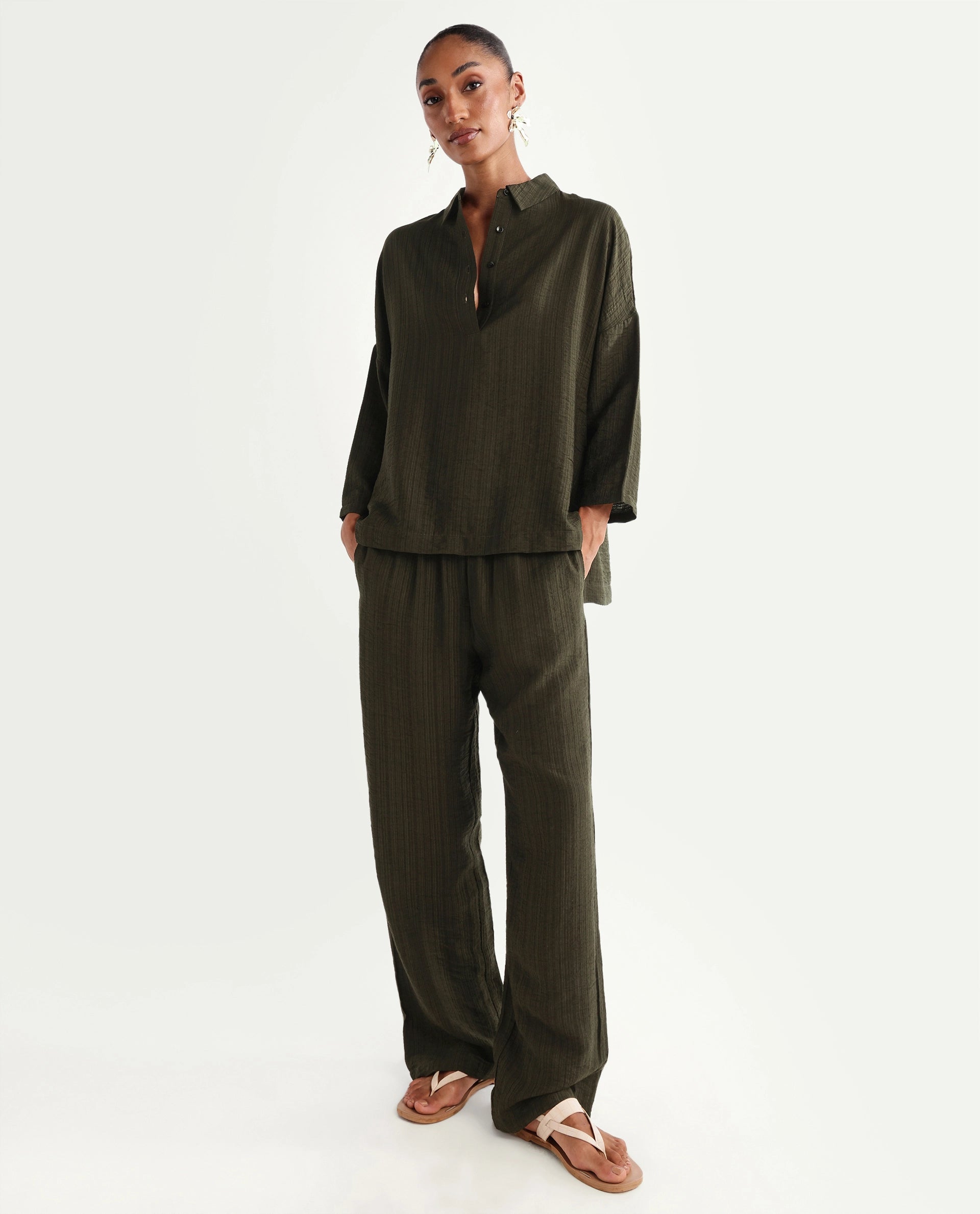 Rareism Women's Dano-B Olive Viscose Blend Drawstring Wide Plain Trouser