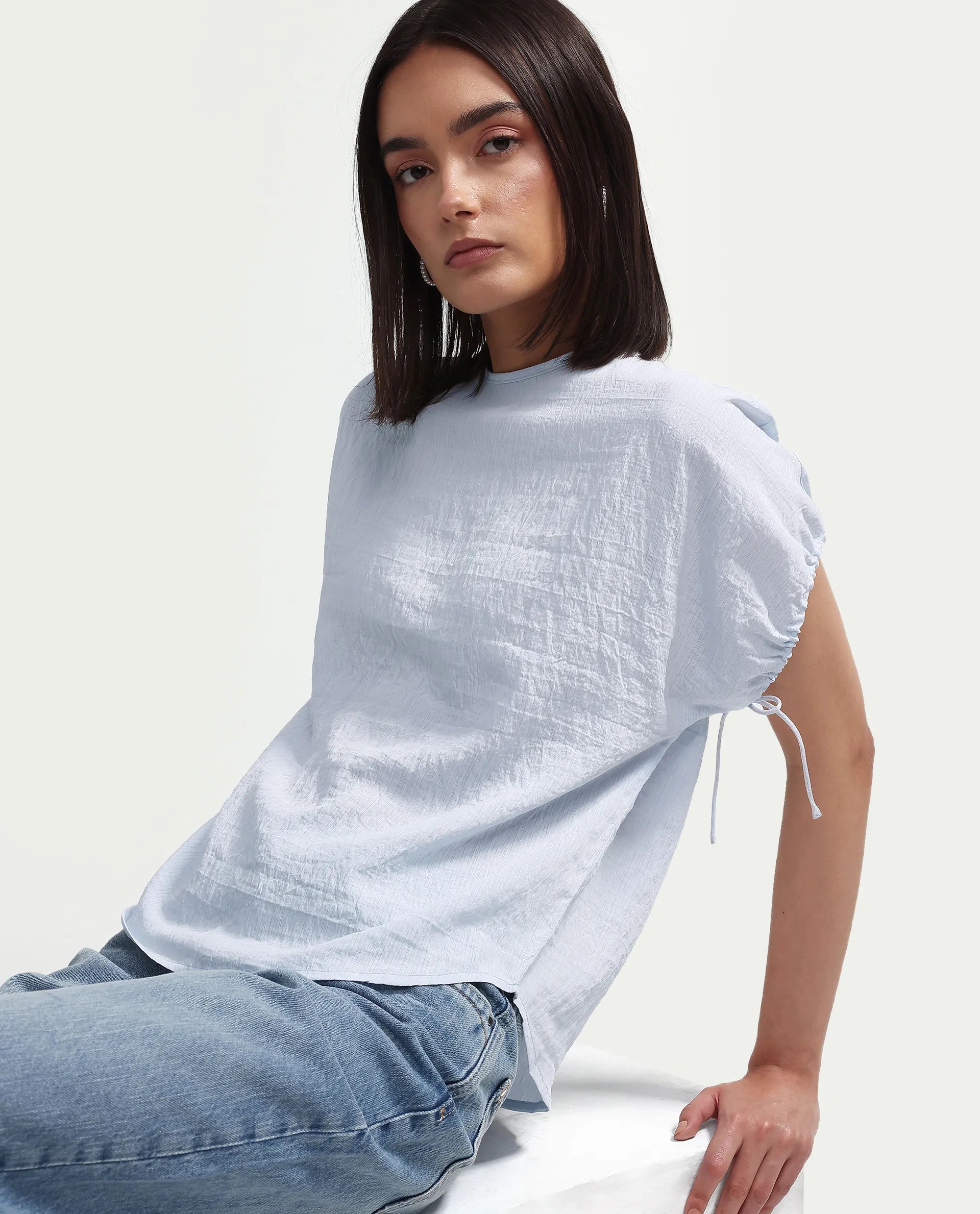 Rareism Women's Deno Light Blue Viscose Blend Crew Neck Button Regular Plain Top