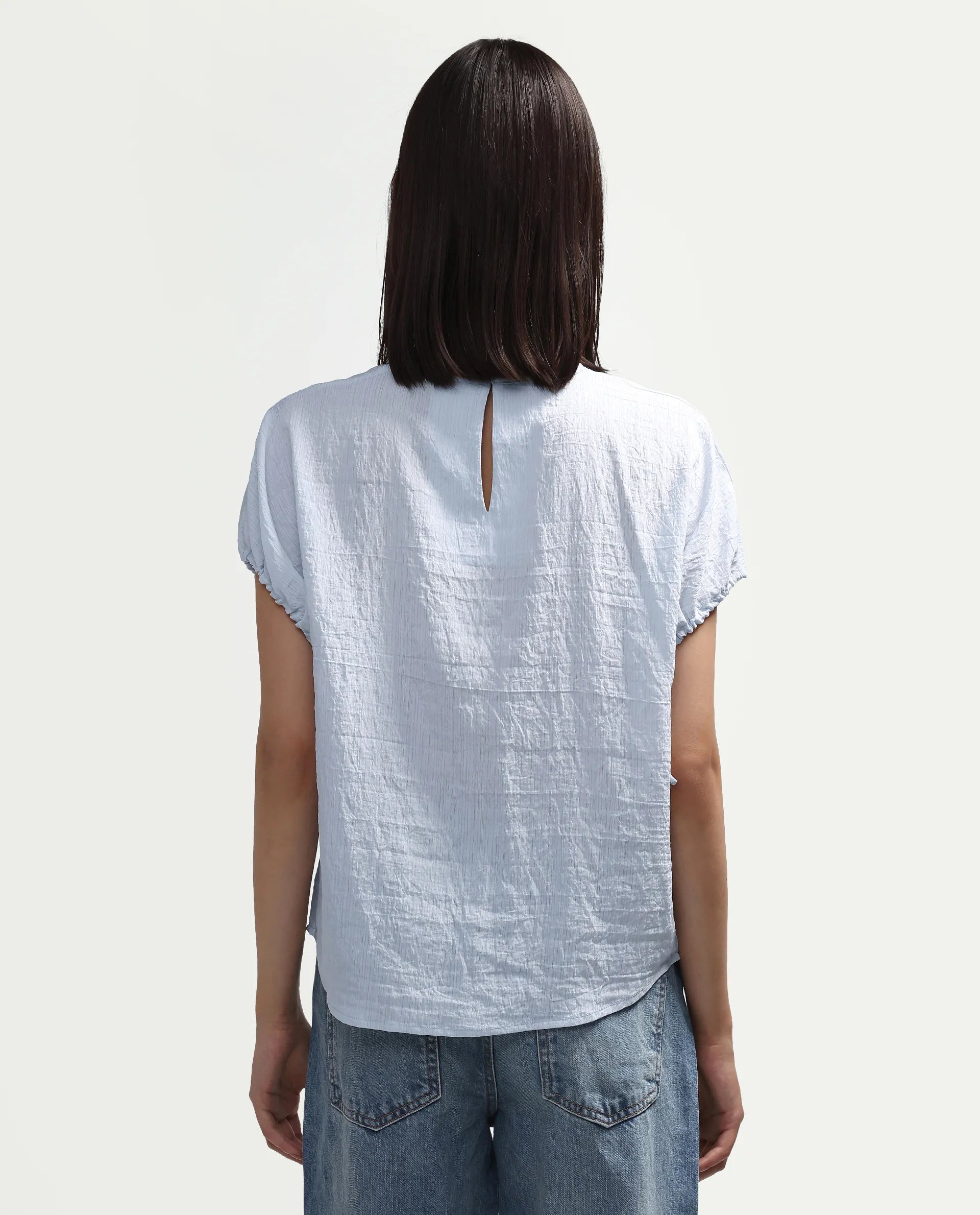 Rareism Women's Deno Light Blue Viscose Blend Crew Neck Button Regular Plain Top