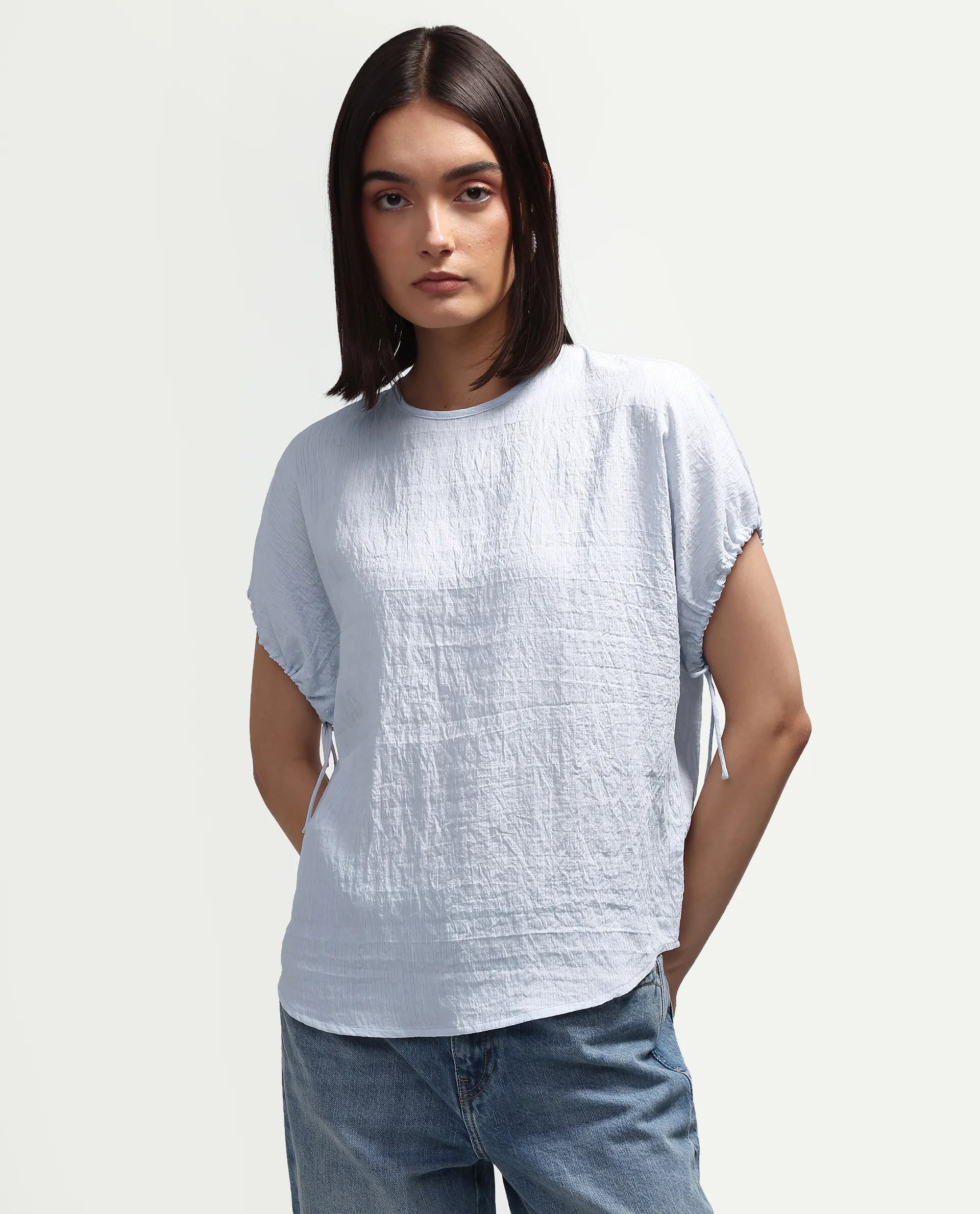 Rareism Women's Deno Light Blue Viscose Blend Crew Neck Button Regular Plain Top