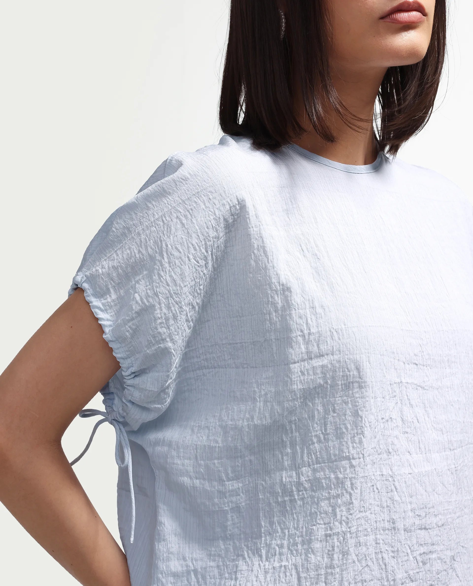Rareism Women's Deno Light Blue Viscose Blend Crew Neck Button Regular Plain Top