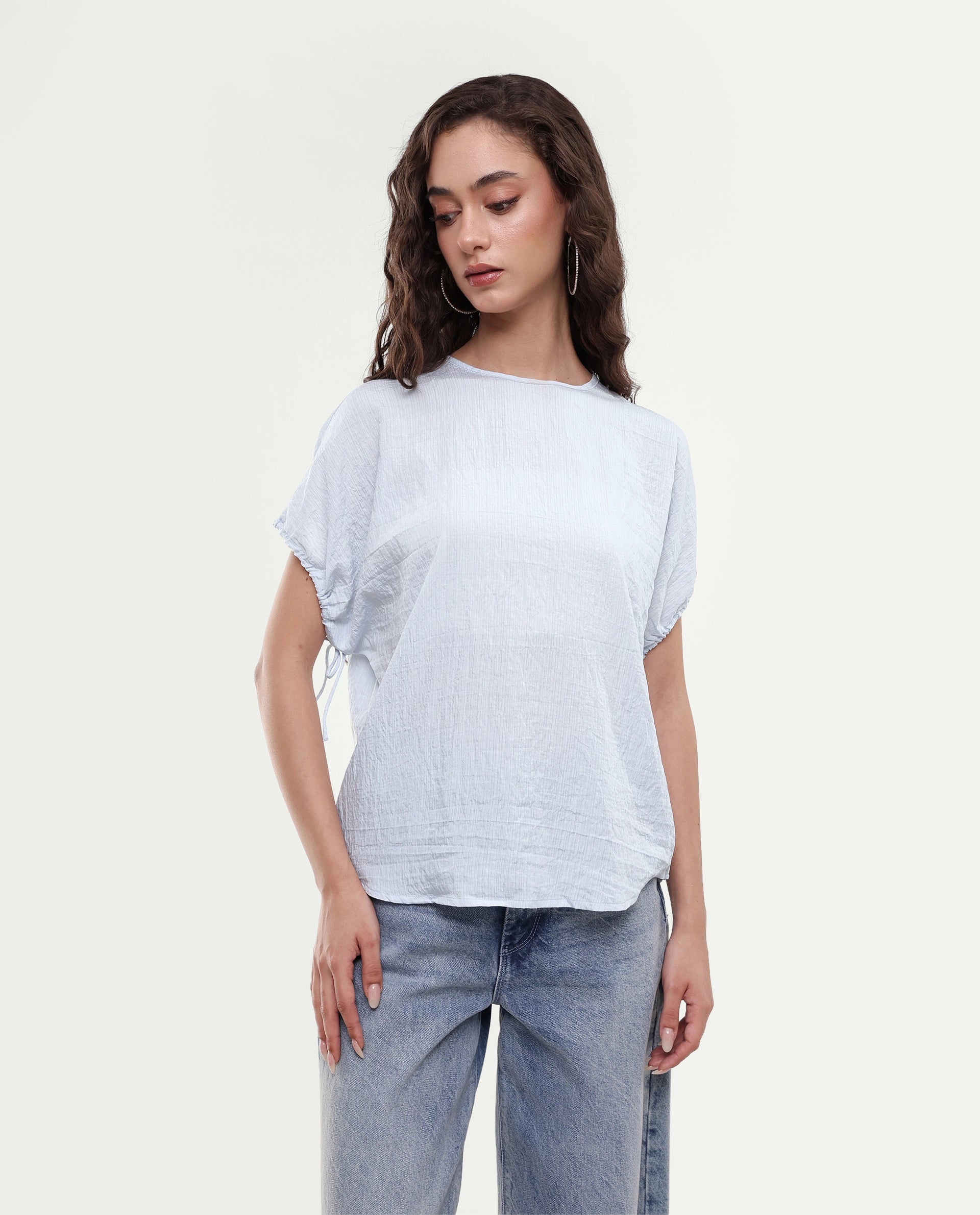 Rareism Women's Deno Light Blue Viscose Blend Crew Neck Button Regular Plain Top