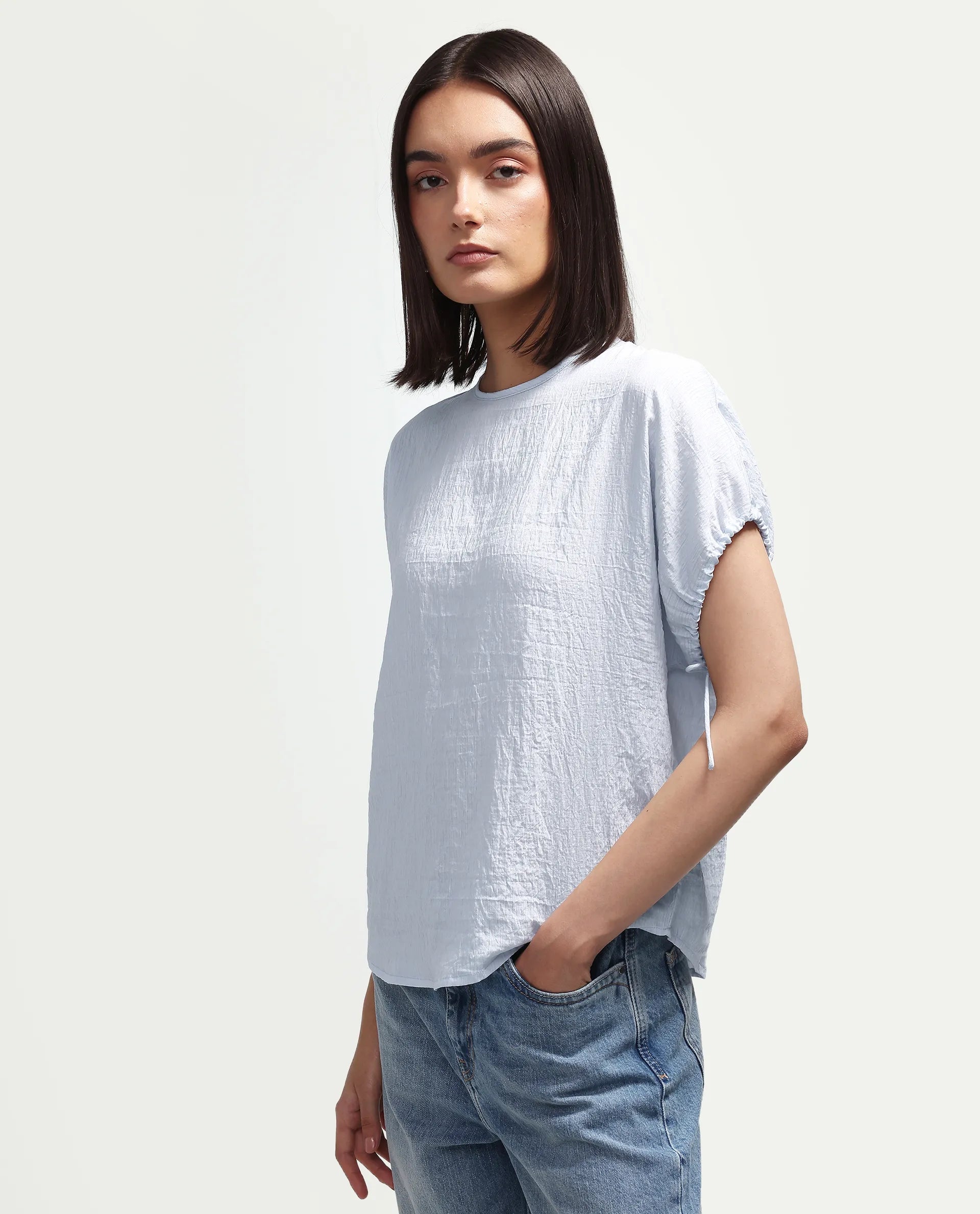 Rareism Women's Deno Light Blue Viscose Blend Crew Neck Button Regular Plain Top