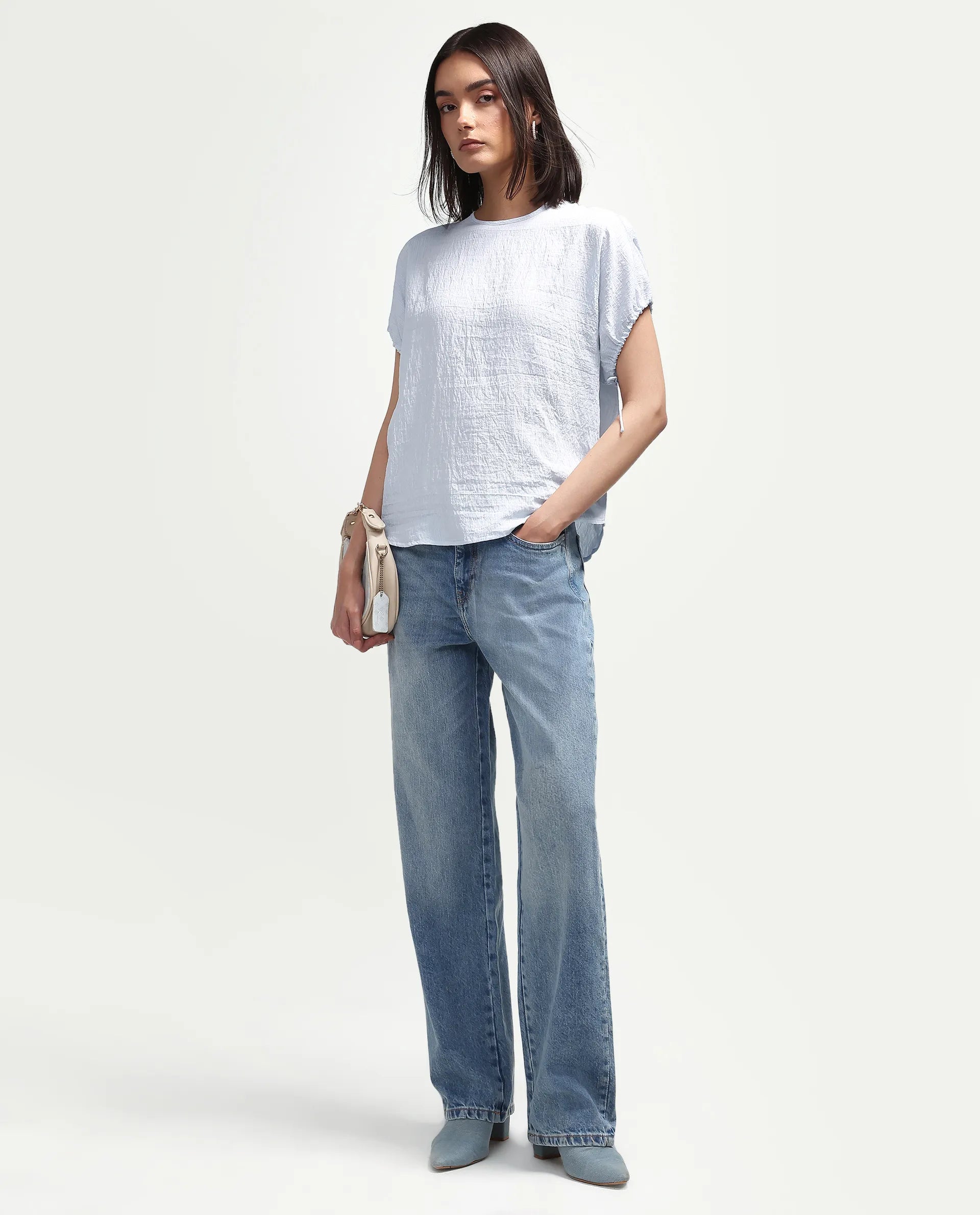 Rareism Women's Deno Light Blue Viscose Blend Crew Neck Button Regular Plain Top
