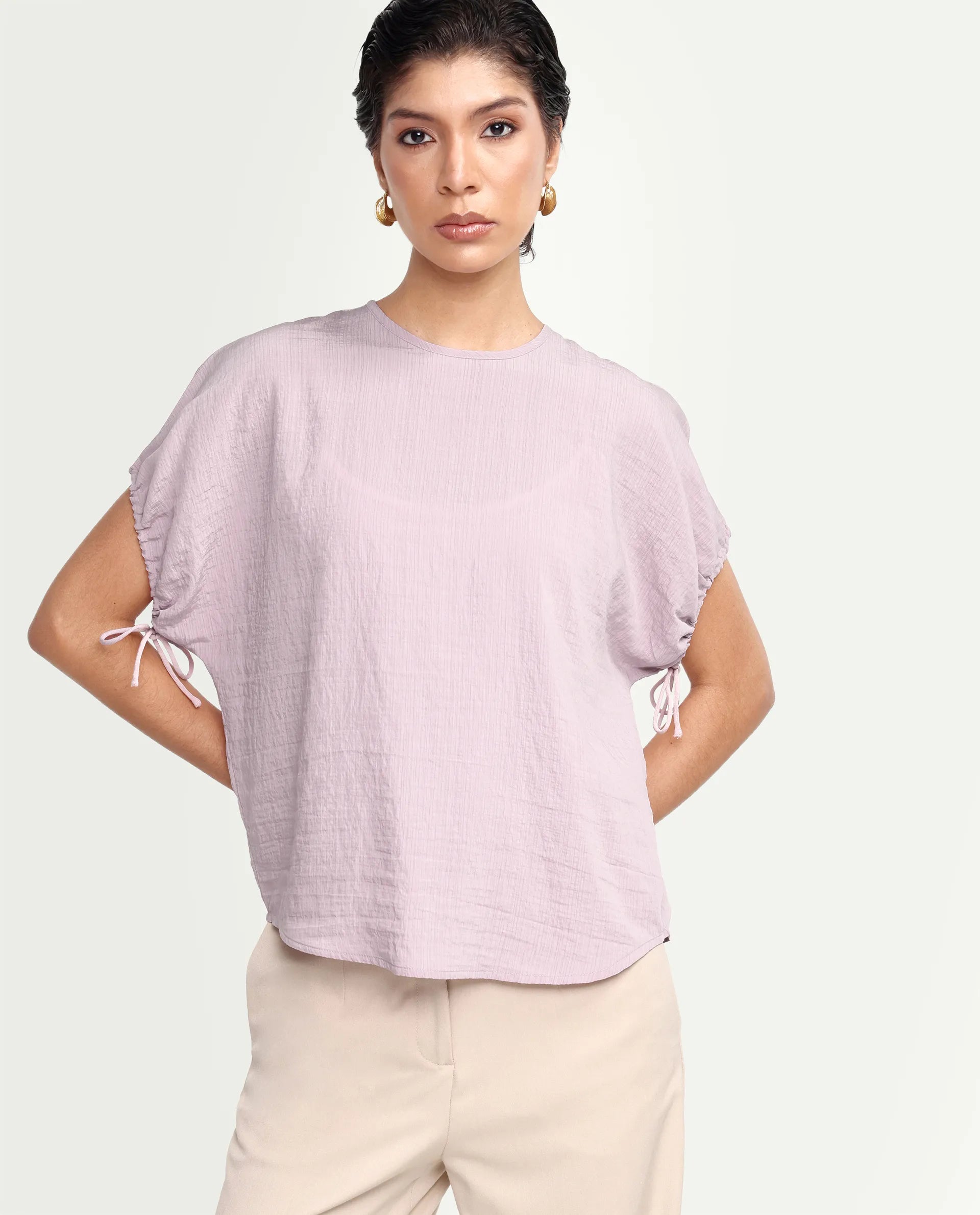Rareism Women's Deno Dusky Pink Viscose Blend Crew Neck Button Regular Plain Top