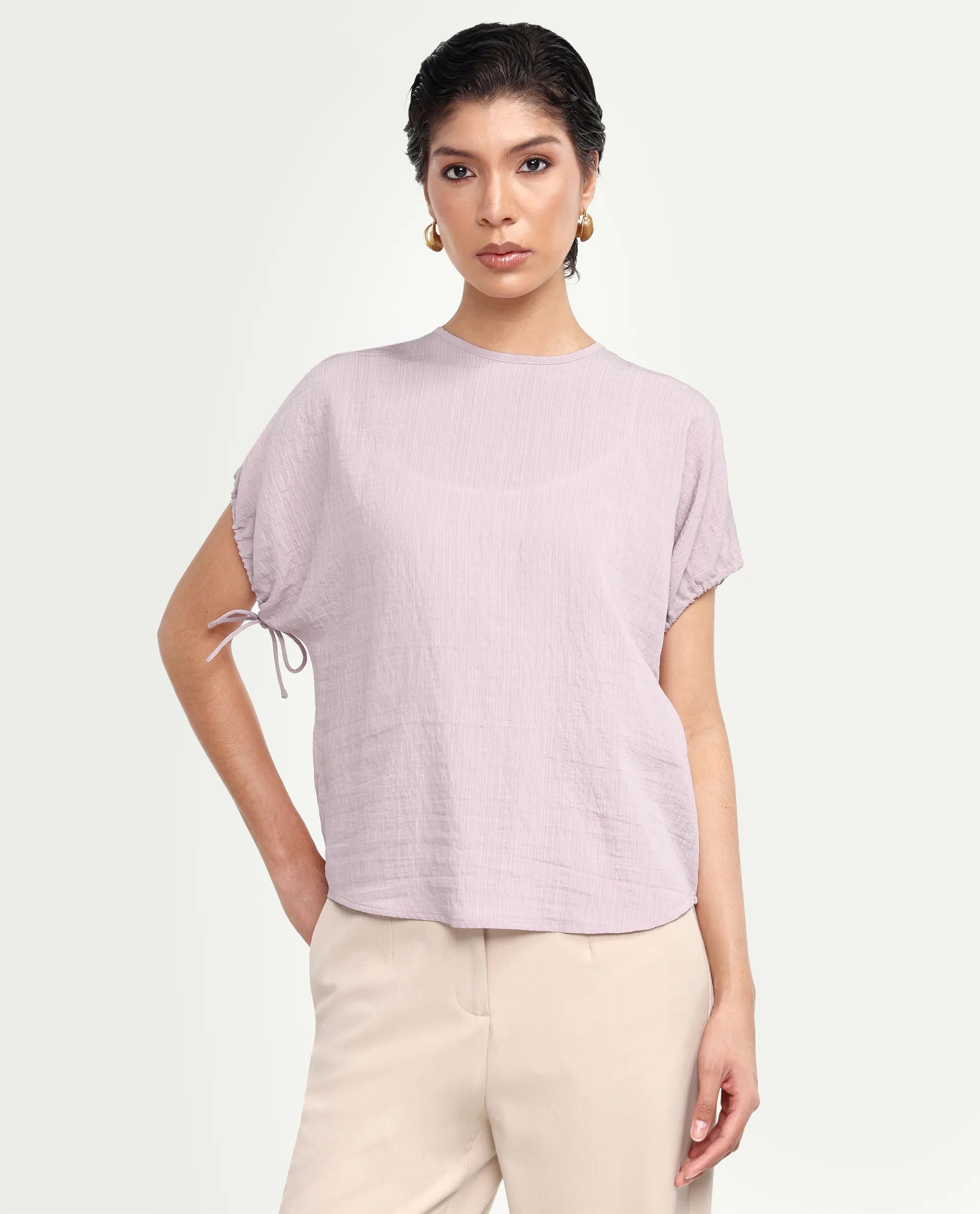 Rareism Women's Deno Dusky Pink Viscose Blend Crew Neck Button Regular Plain Top