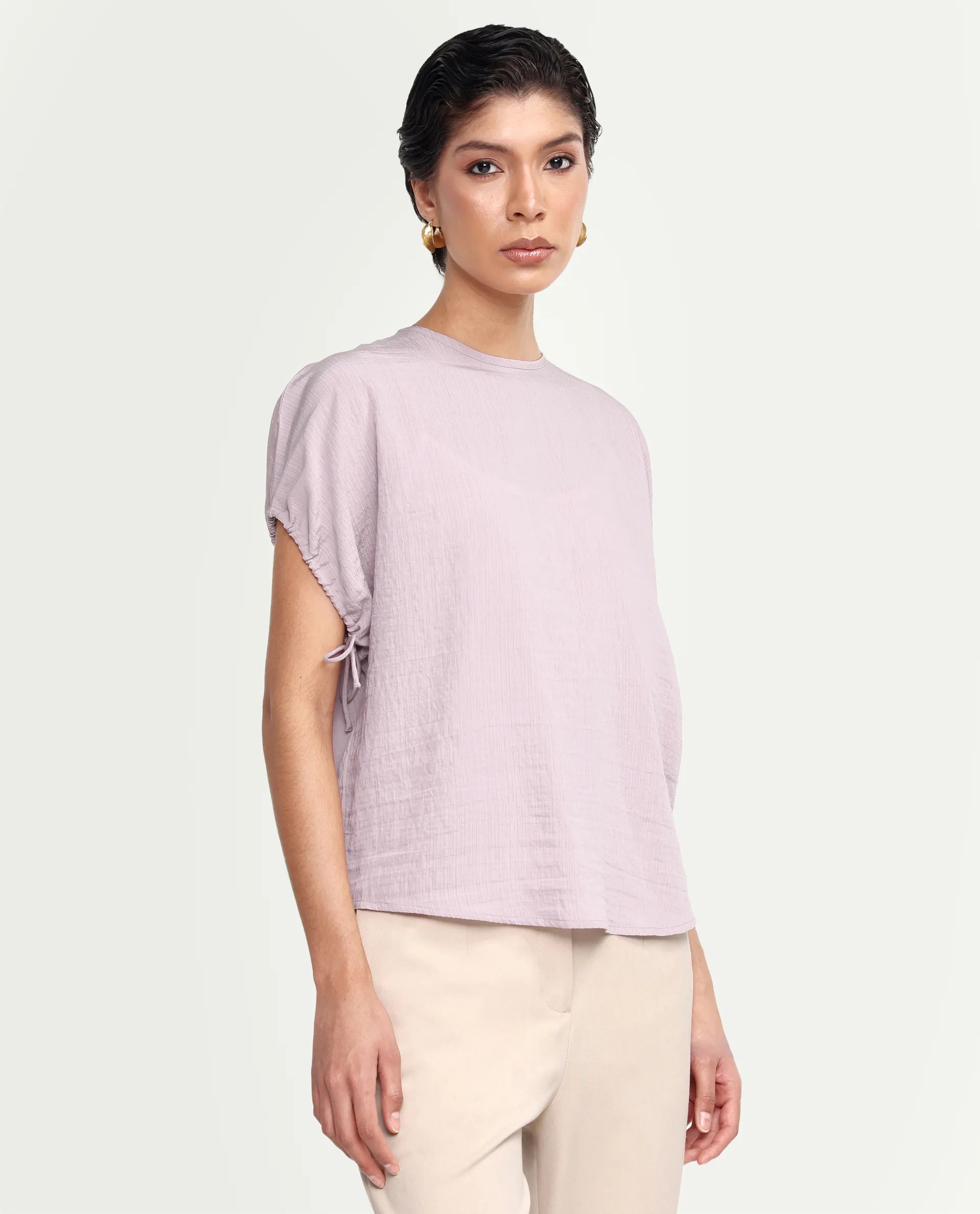 Rareism Women's Deno Dusky Pink Viscose Blend Crew Neck Button Regular Plain Top