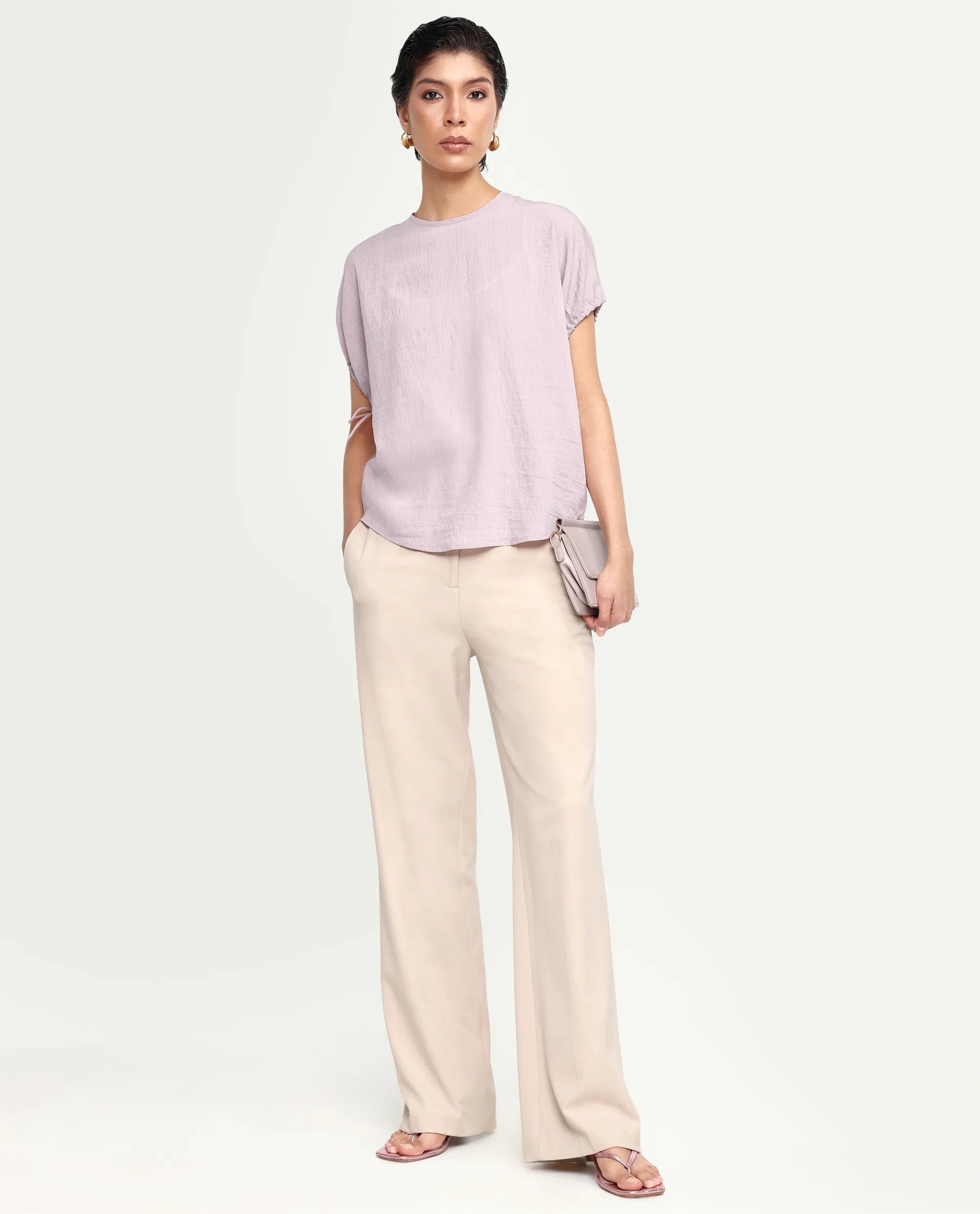 Rareism Women's Deno Dusky Pink Viscose Blend Crew Neck Button Regular Plain Top