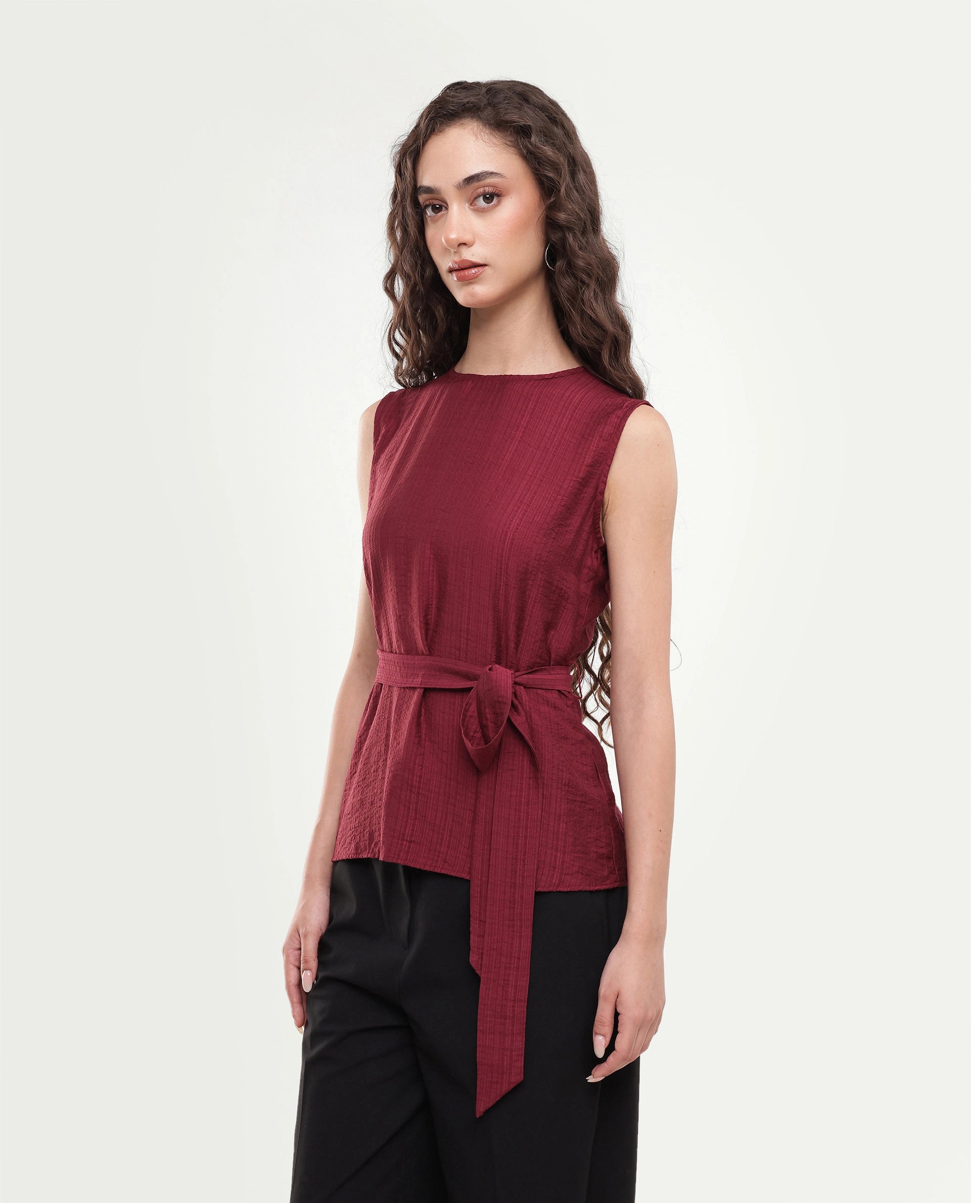 Rareism Women's Deya Maroon Viscose Blend Crew Neck Button And Zip Regular Plain Top