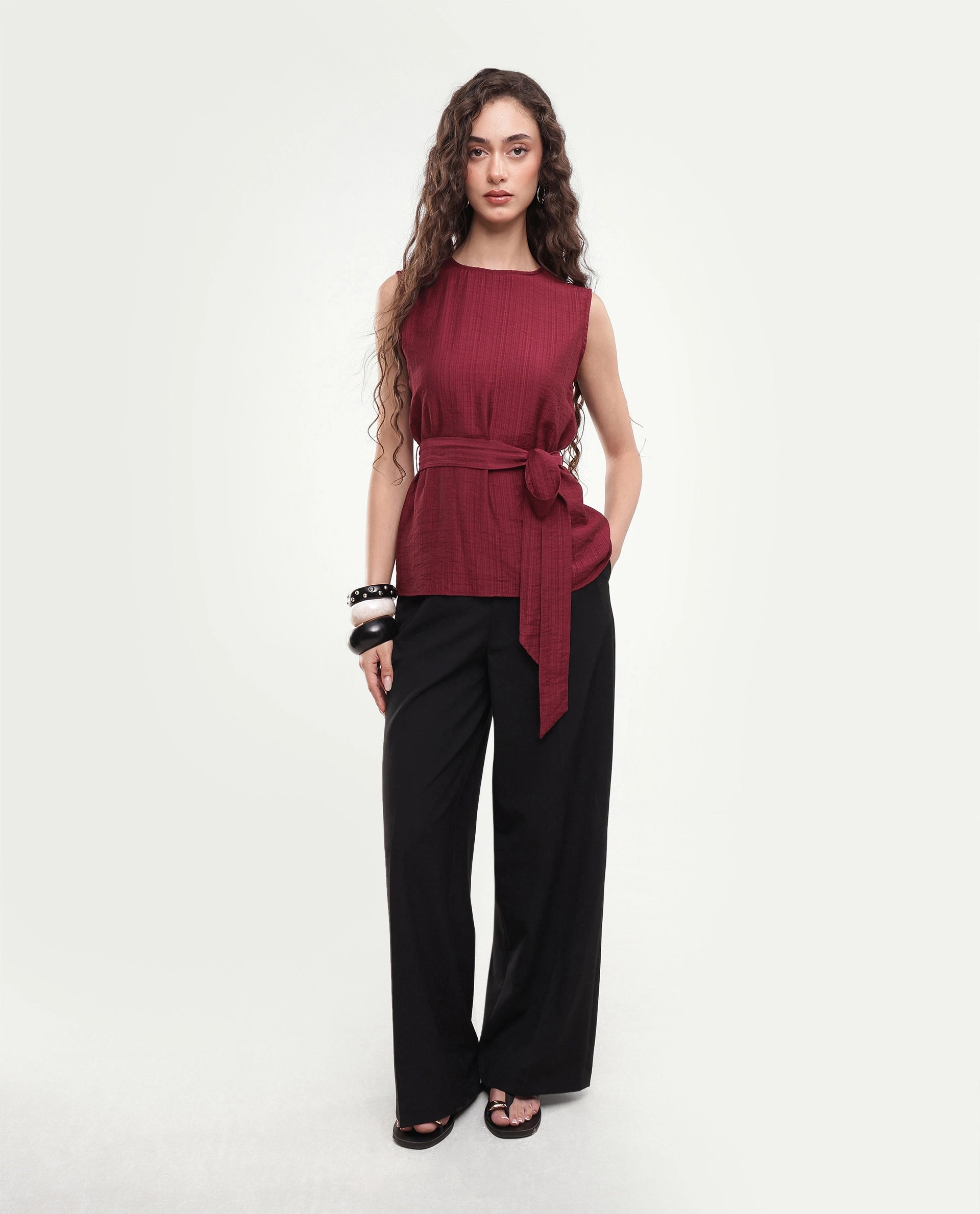 Rareism Women's Deya Maroon Viscose Blend Crew Neck Button And Zip Regular Plain Top