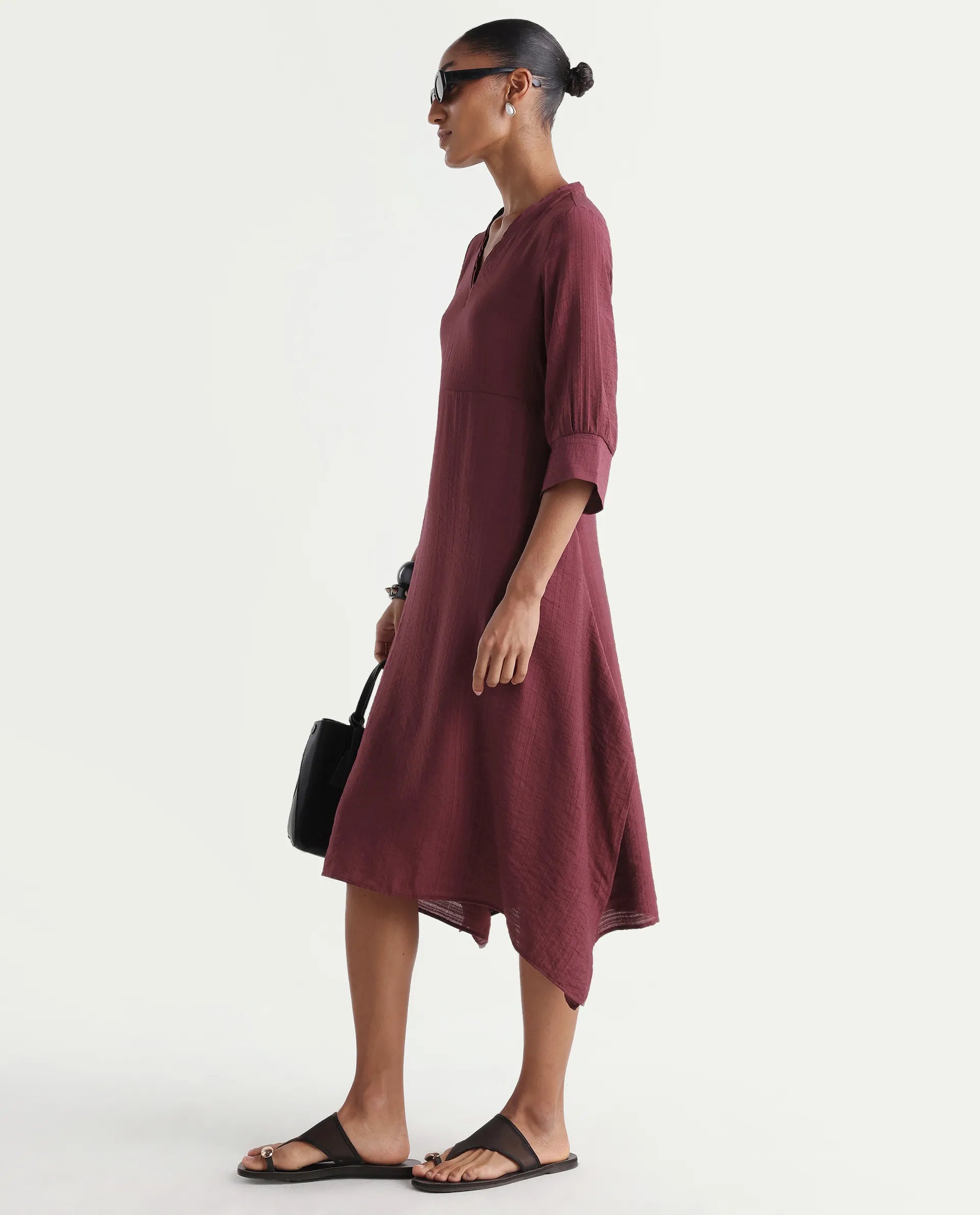 Rareism Women's Dhery Maroon Viscose Blend V-Neck A-Line Plain Dress