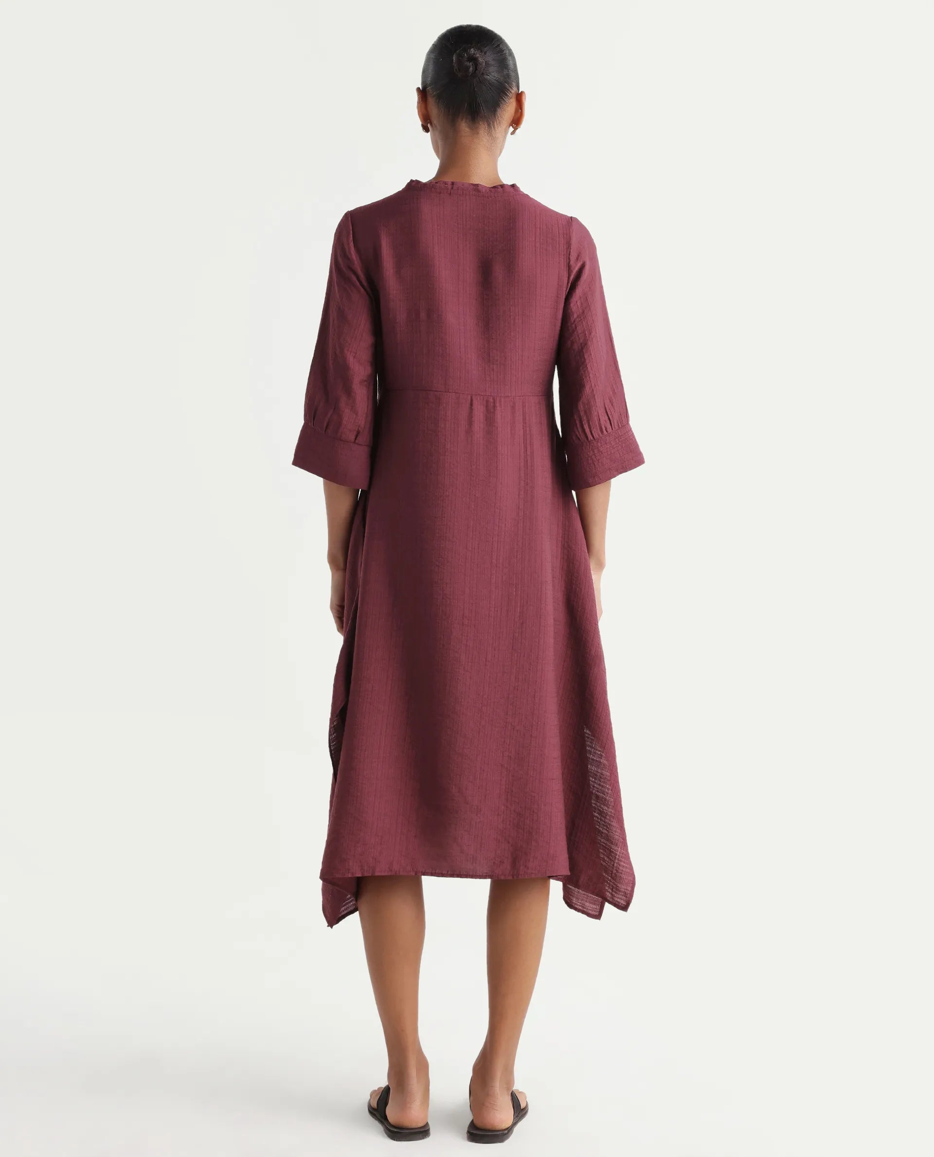 Rareism Women's Dhery Maroon Viscose Blend V-Neck A-Line Plain Dress
