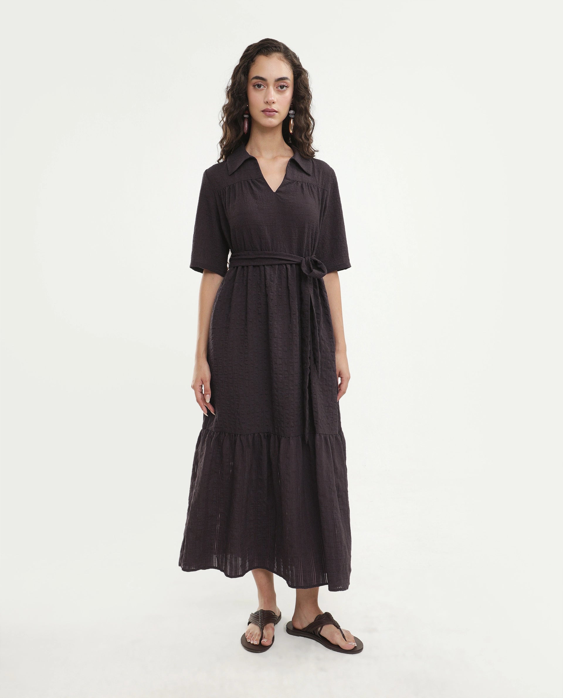 Rareism Women's Dilan Brown Viscose Blend Jonny Collar Pull-On Fit And Flare Plain Dress