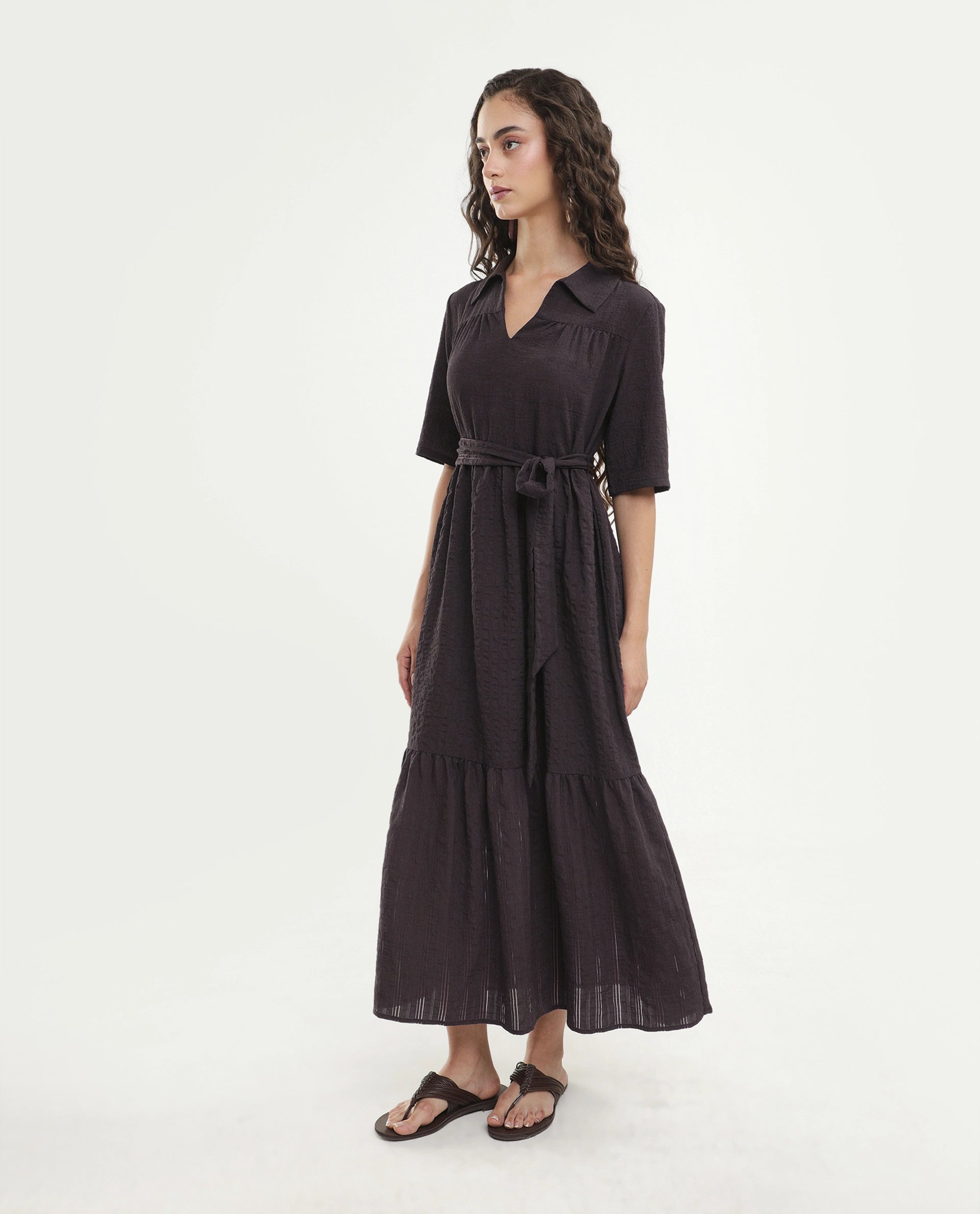 Rareism Women's Dilan Brown Viscose Blend Jonny Collar Pull-On Fit And Flare Plain Dress