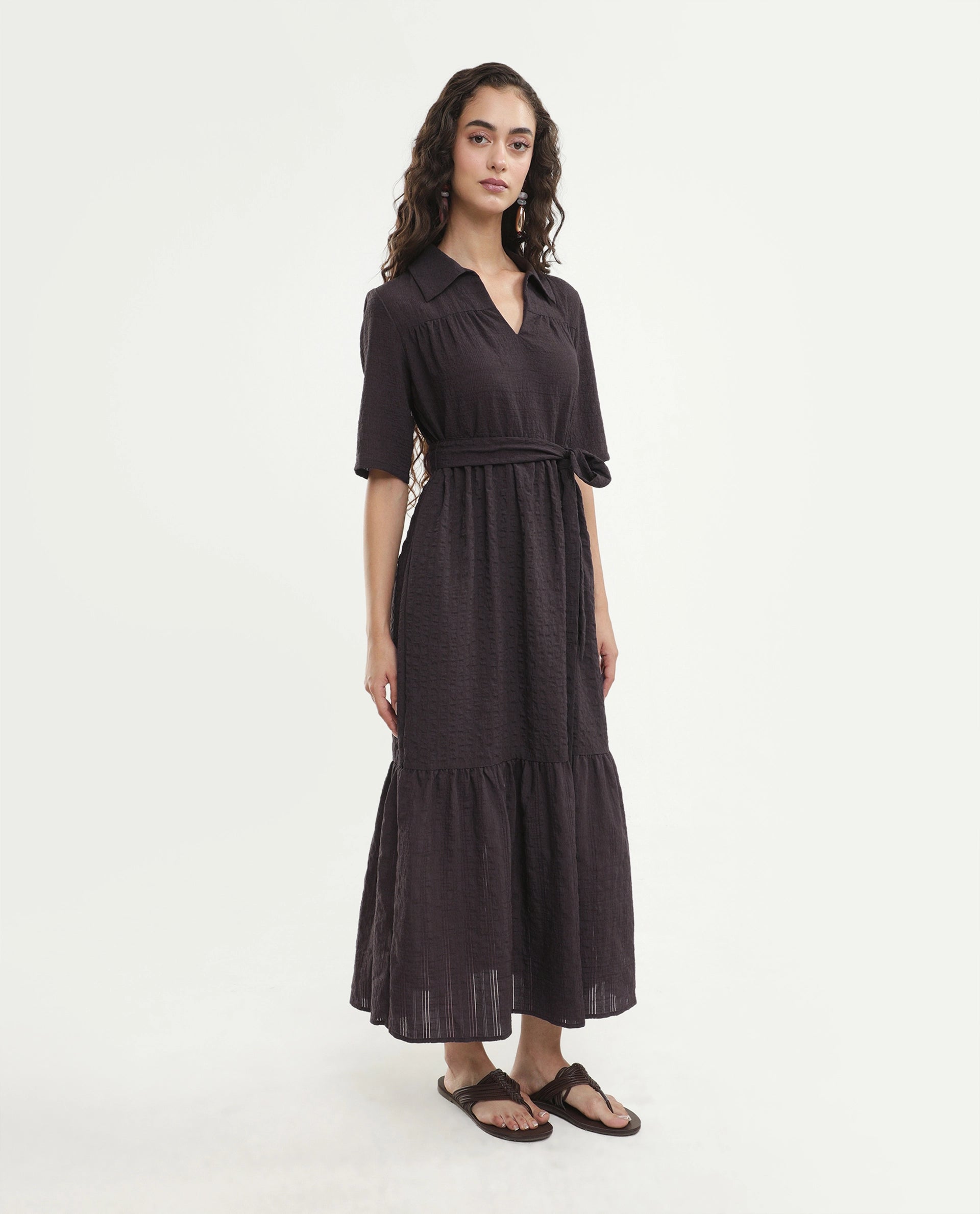 Rareism Women's Dilan Brown Viscose Blend Jonny Collar Pull-On Fit And Flare Plain Dress