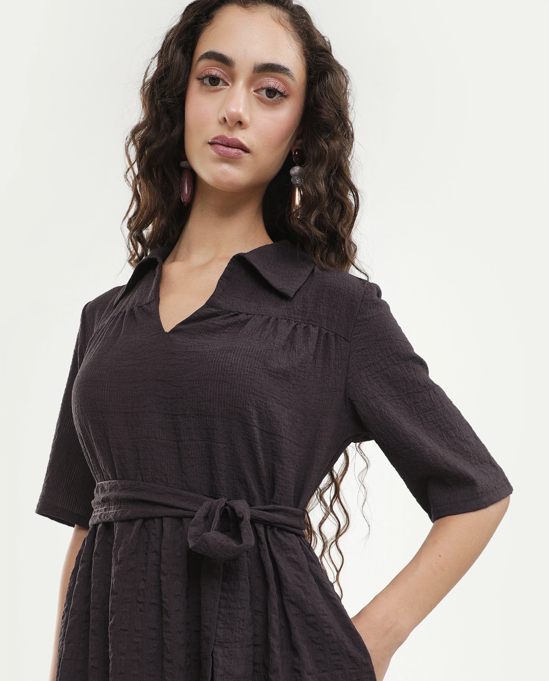 Rareism Women's Dilan Brown Viscose Blend Jonny Collar Pull-On Fit And Flare Plain Dress