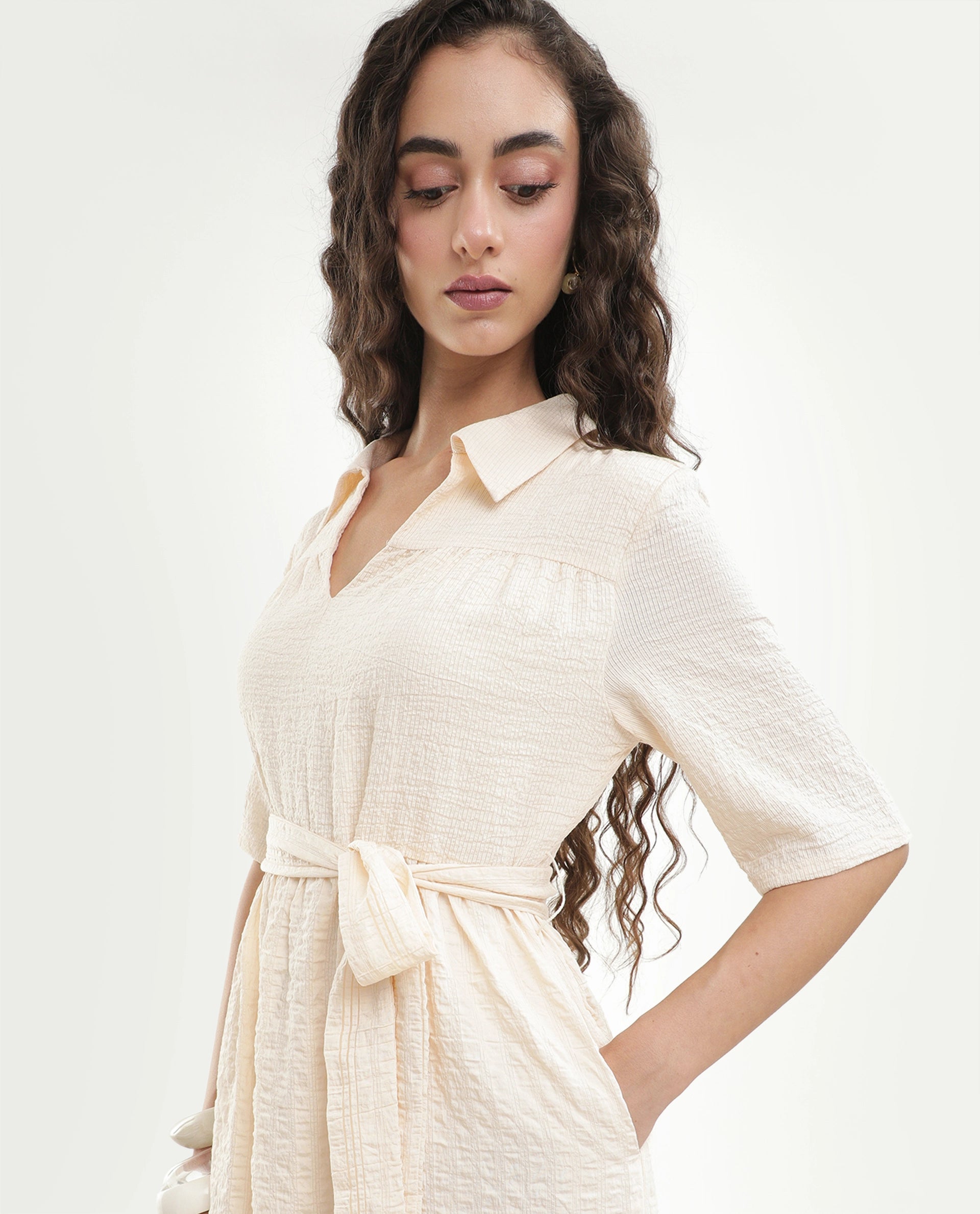 Rareism Women's Dilan Off White Viscose Blend Jonny Collar Pull-On Fit And Flare Plain Dress