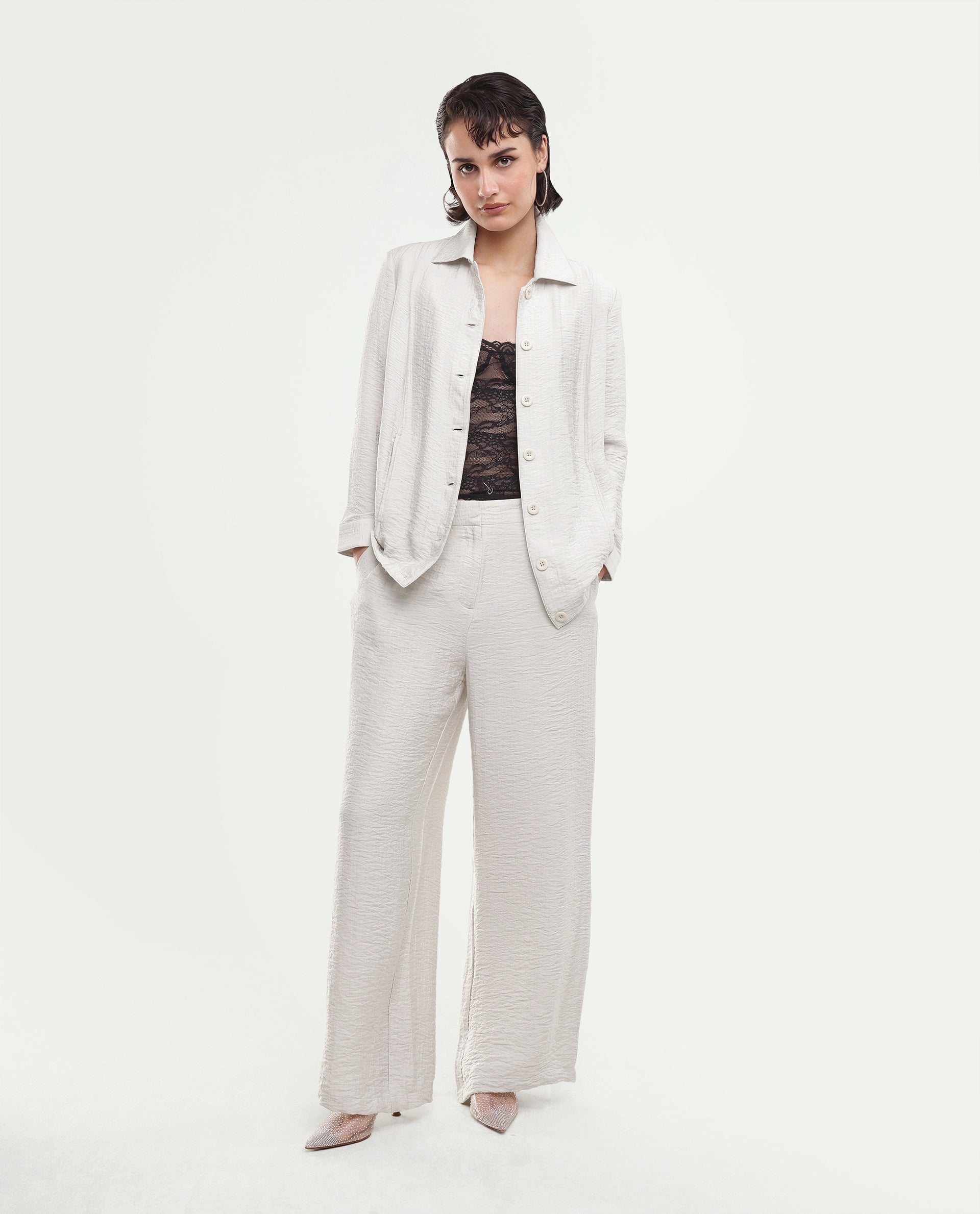 Rareism Women's Dion-B Off White Viscose Blend Button And Zip Straight Plain Trouser