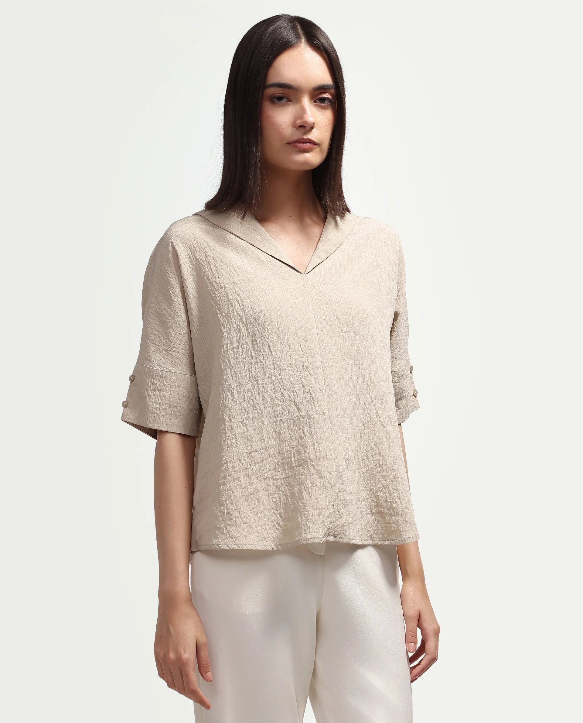 Rareism Women's Dira Beige Plain Viscose Blend Regular Short Sleeves Top