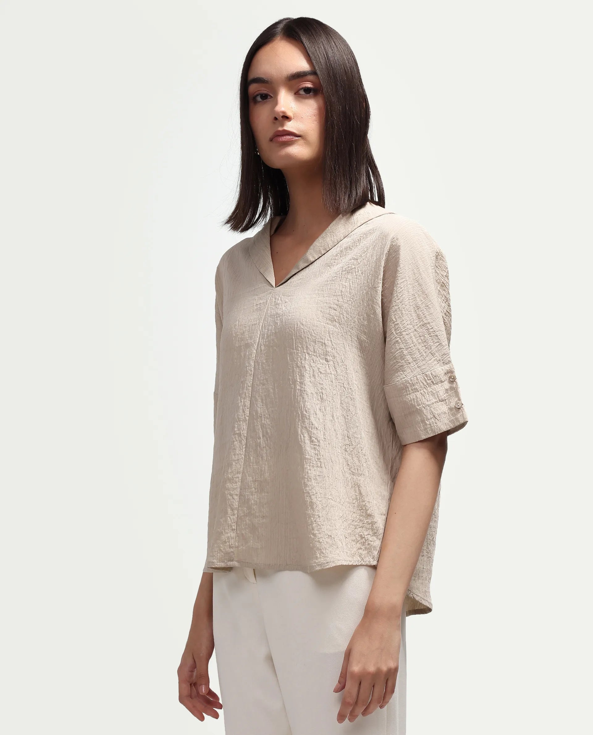 Rareism Women's Dira Beige Plain Viscose Blend Regular Short Sleeves Top