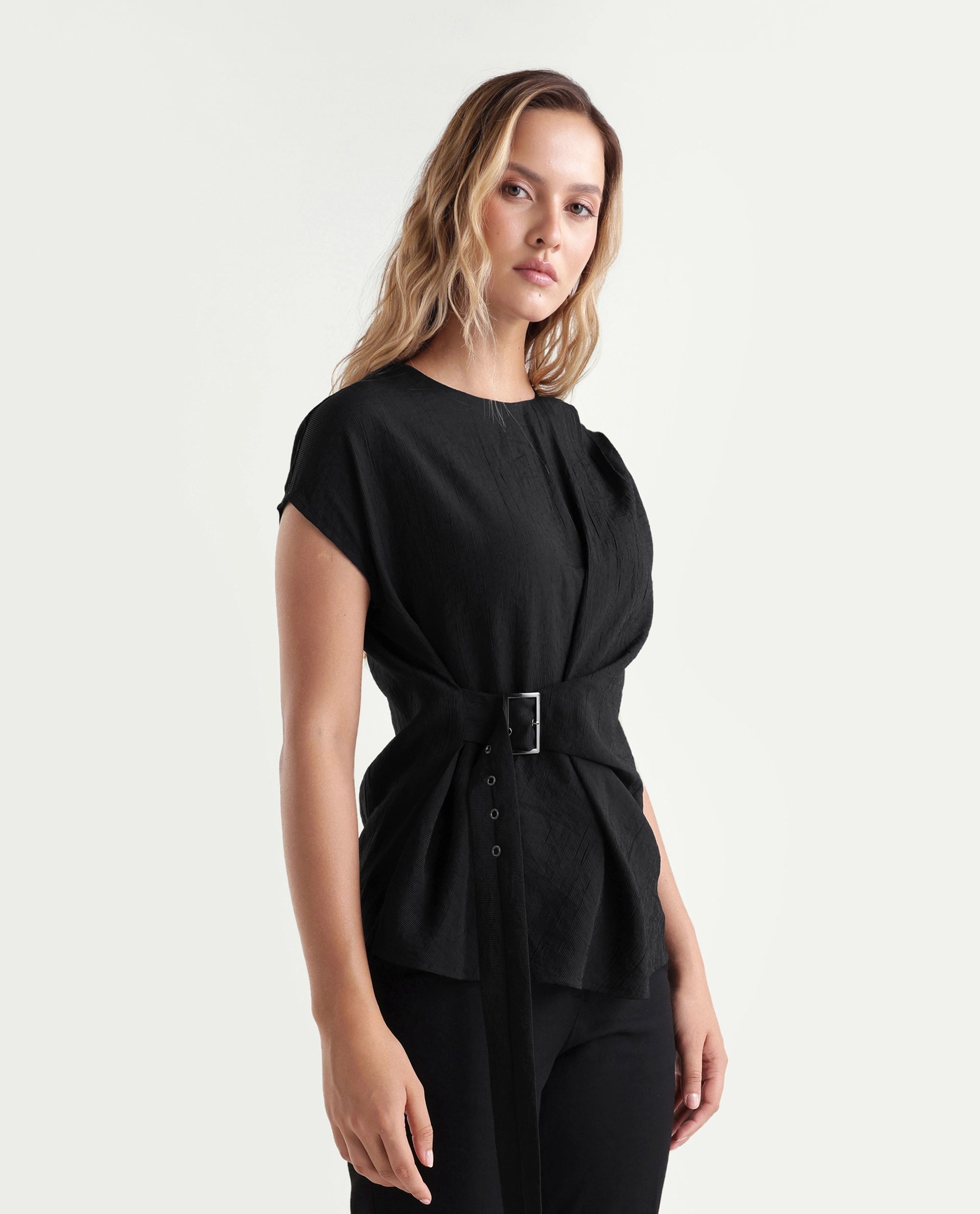 Rareism Women's Dusero Black Plain Viscose Blend Regular Short Sleeves Top