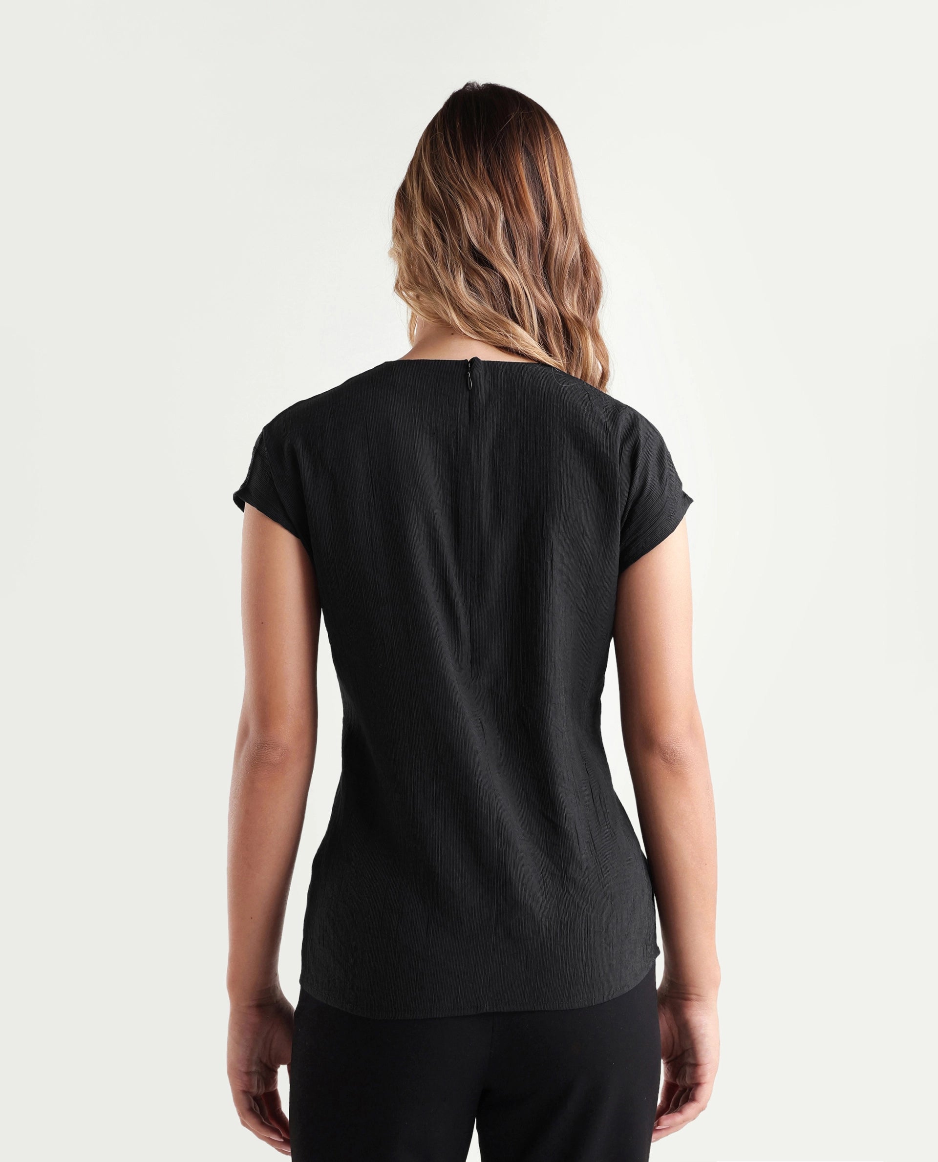 Rareism Women's Dusero Black Plain Viscose Blend Regular Short Sleeves Top