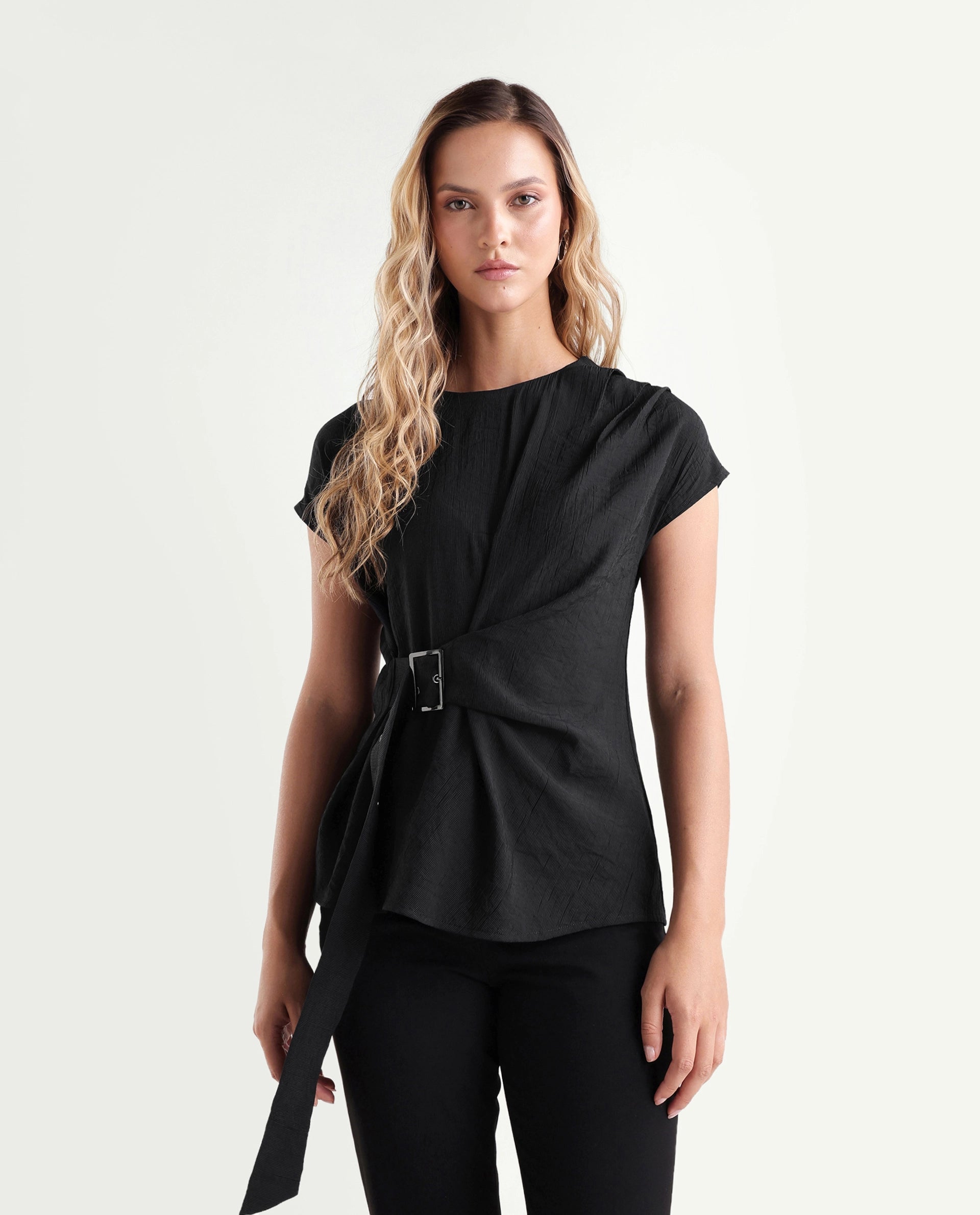 Rareism Women's Dusero Black Plain Viscose Blend Regular Short Sleeves Top