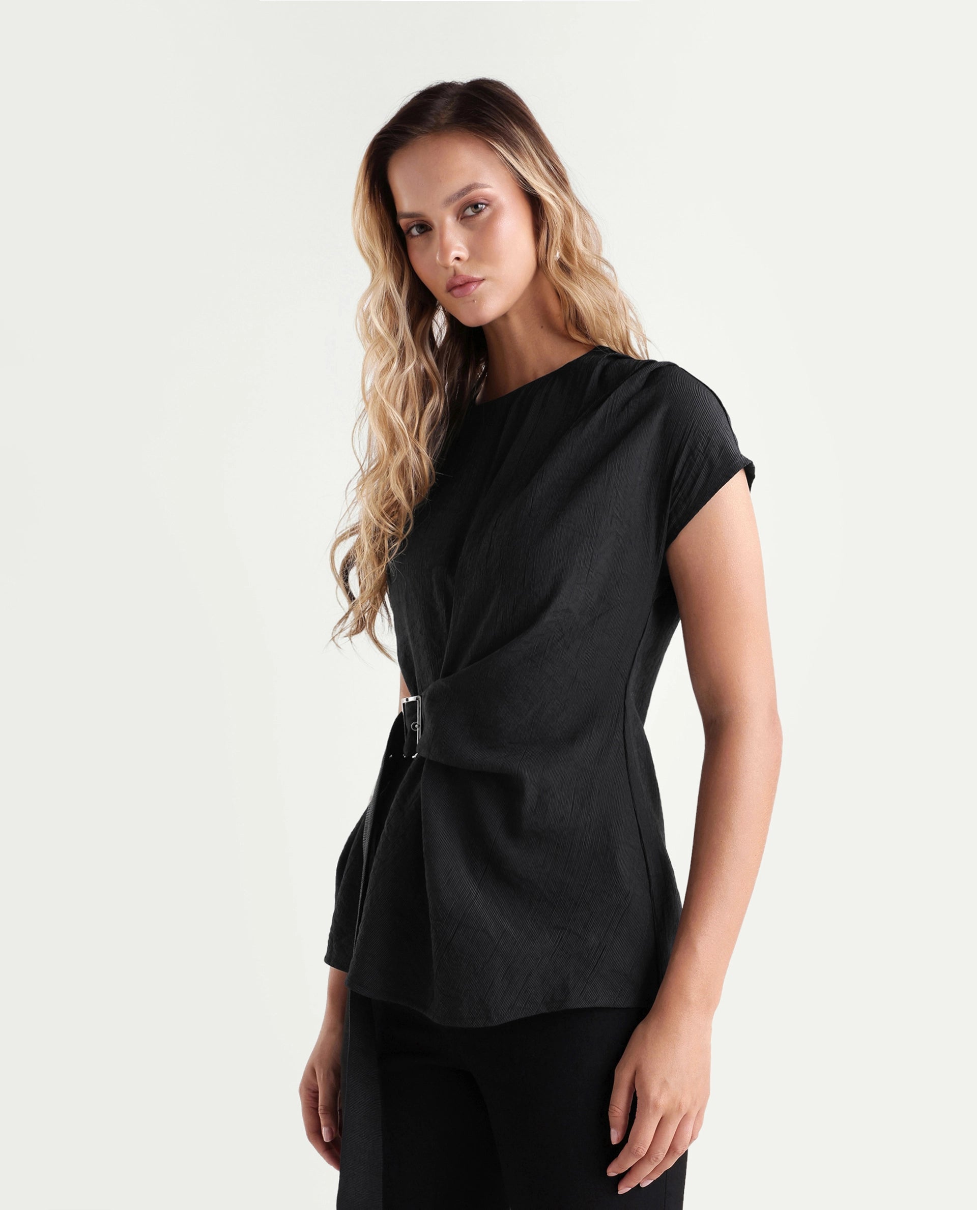 Rareism Women's Dusero Black Plain Viscose Blend Regular Short Sleeves Top