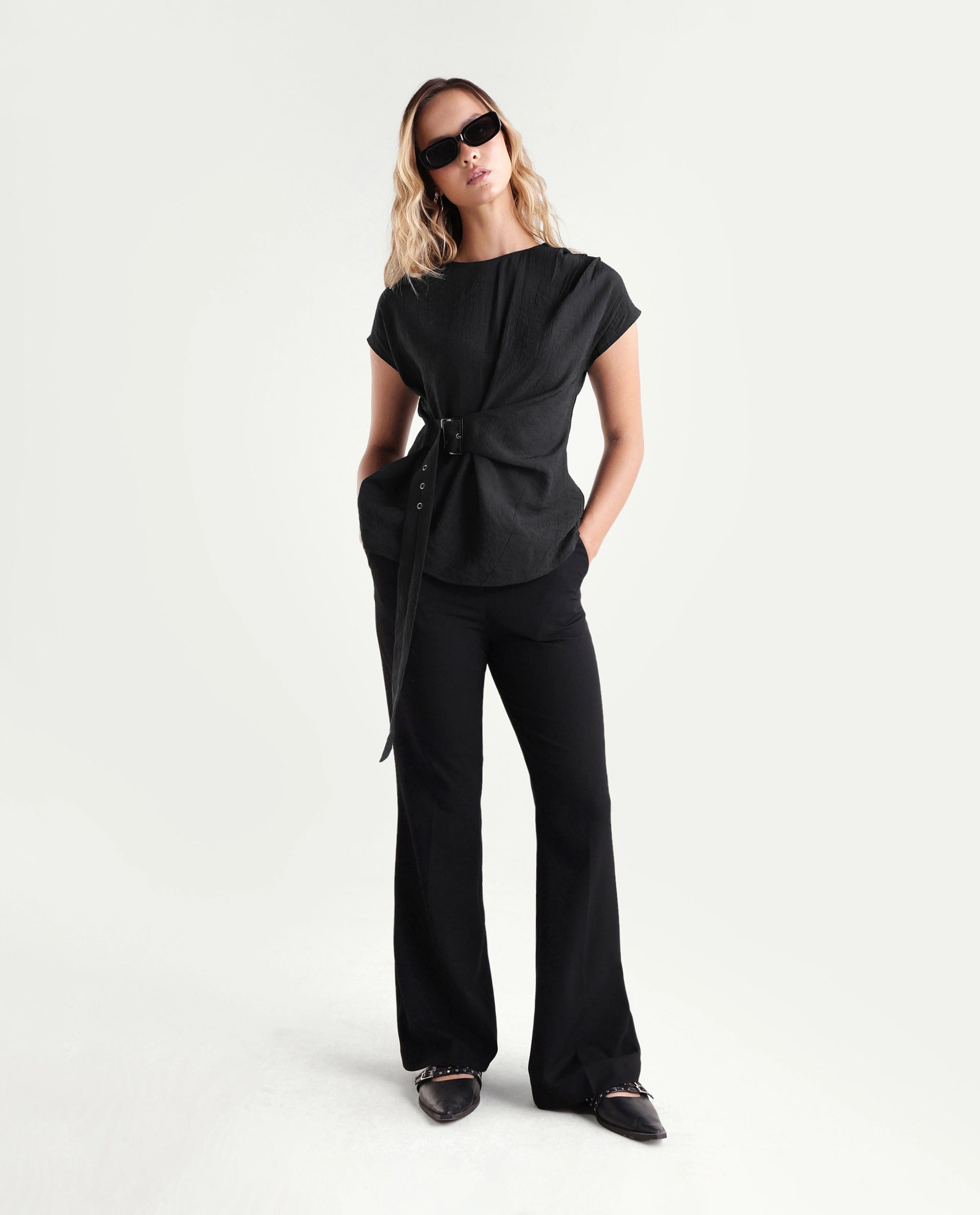 Rareism Women's Dusero Black Plain Viscose Blend Regular Short Sleeves Top