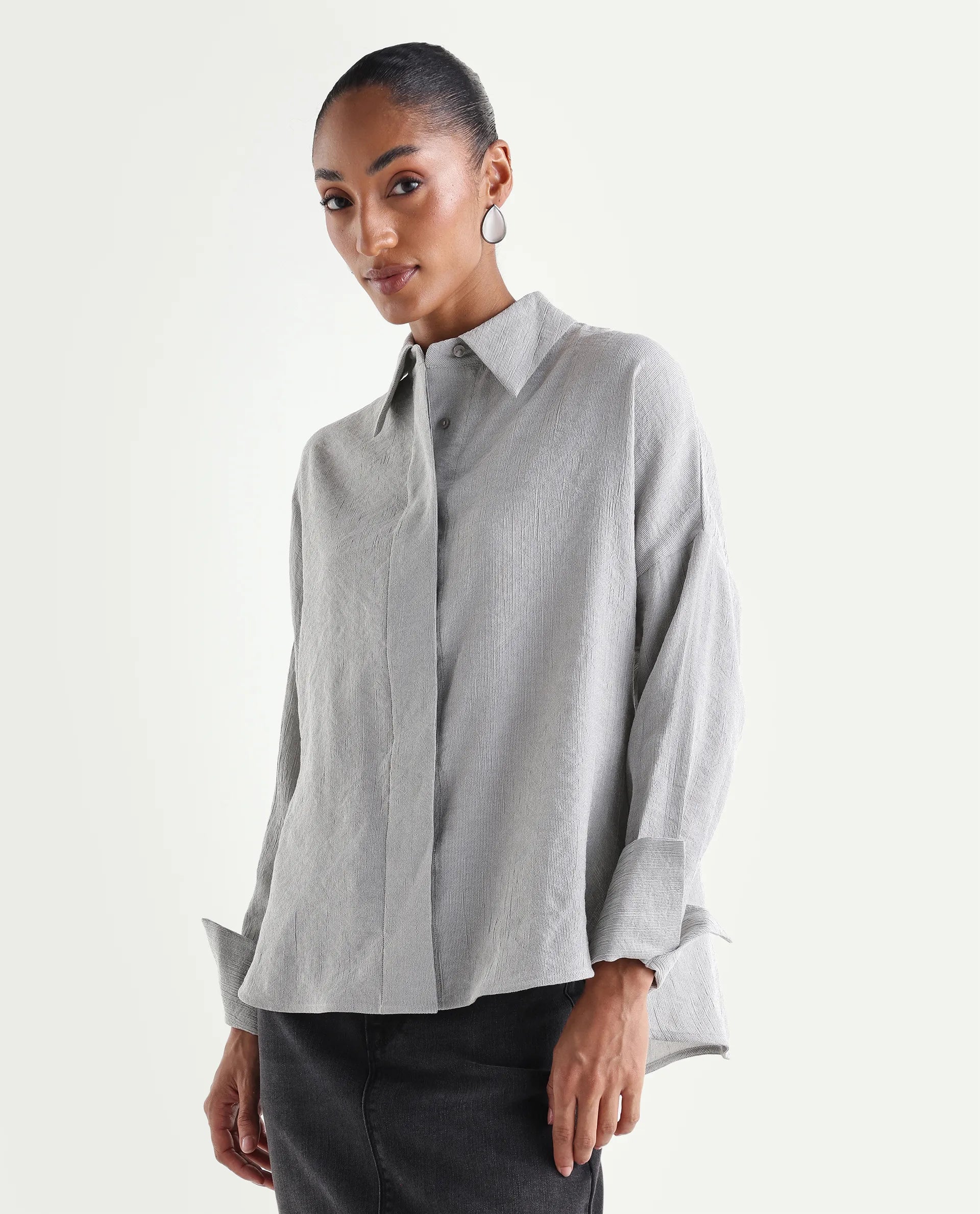 Rareism Women's Duxa Grey Viscose Blend Spread Collar Button Oversized Plain Shirt