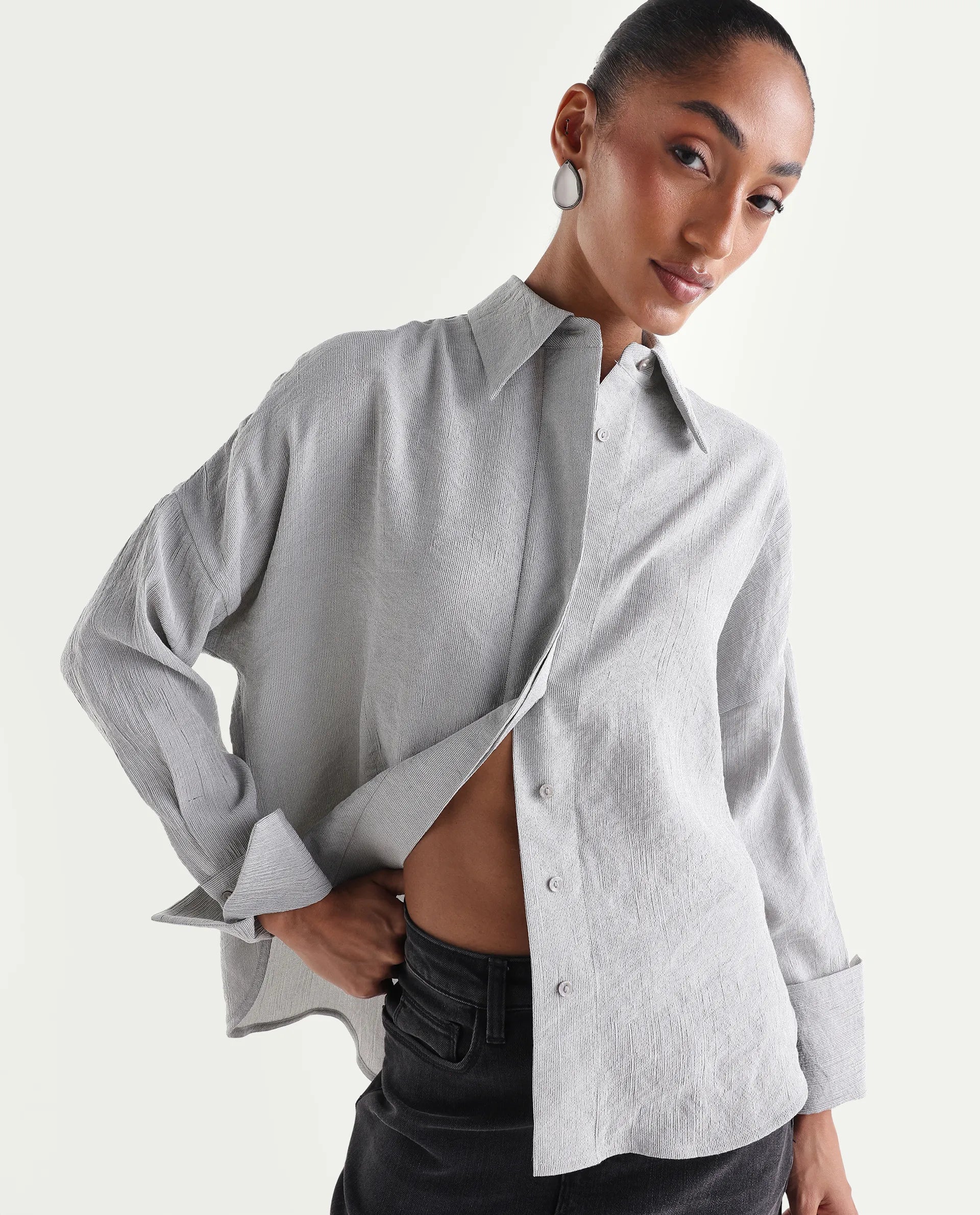 Rareism Women's Duxa Grey Viscose Blend Spread Collar Button Oversized Plain Shirt