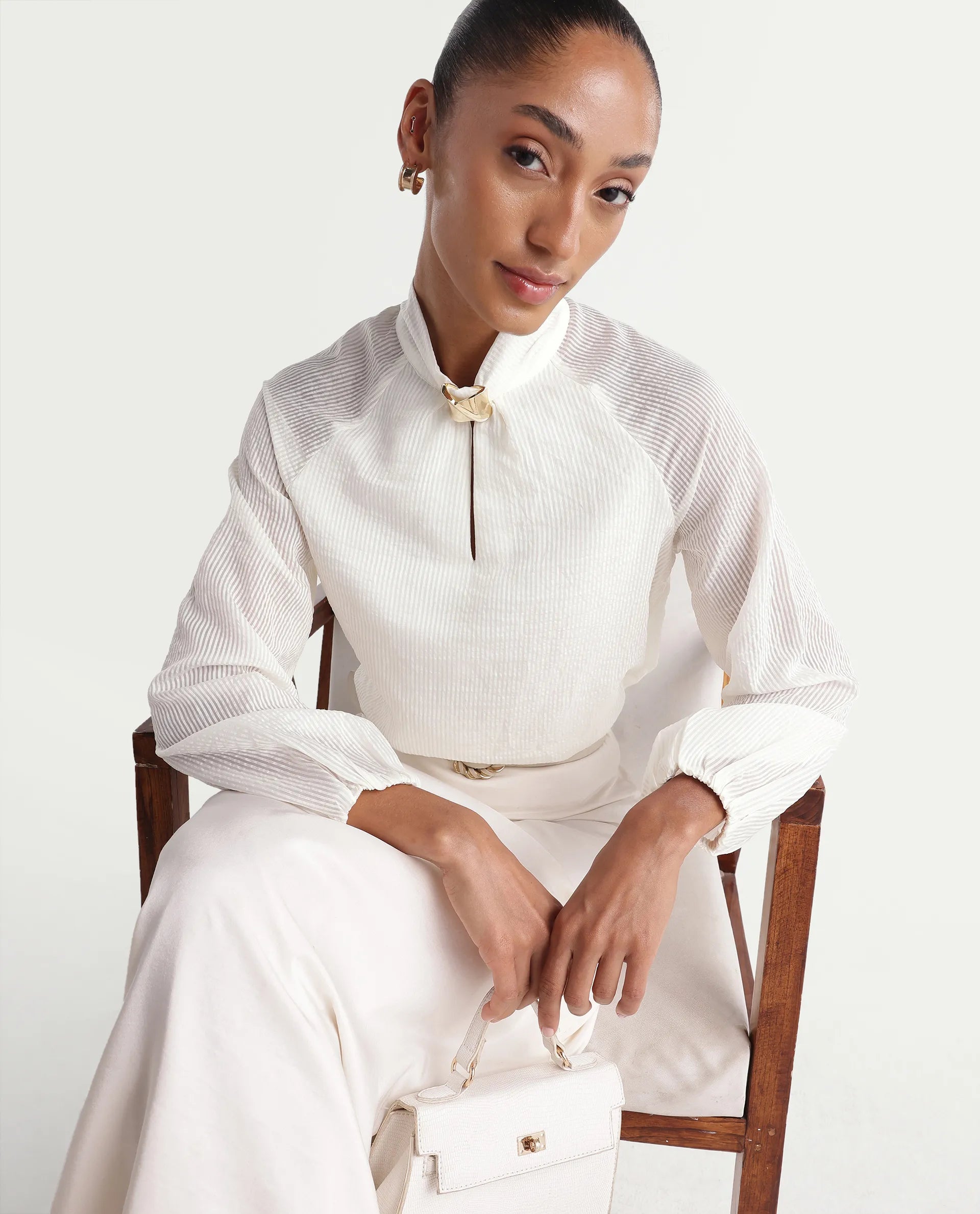 Rareism Women's Dyna Off White Viscose Blend Band Collar Button Regular Plain Top