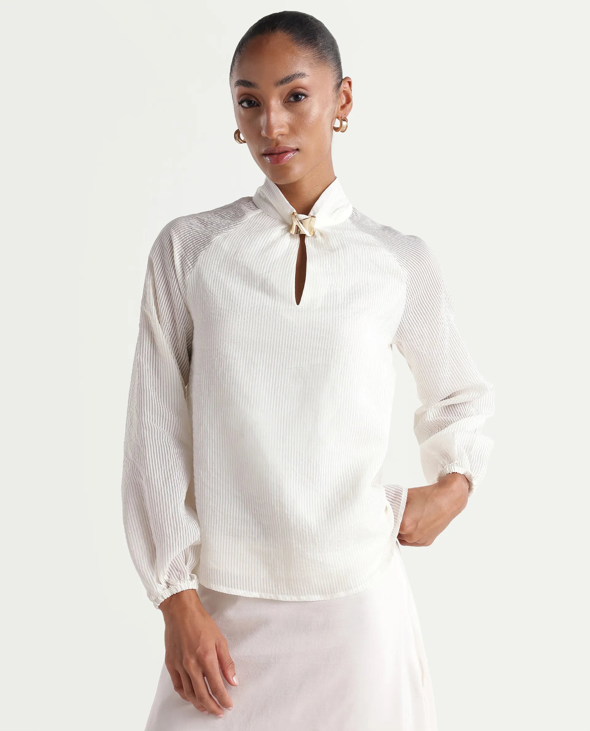 Rareism Women's Dyna Off White Viscose Blend Band Collar Button Regular Plain Top