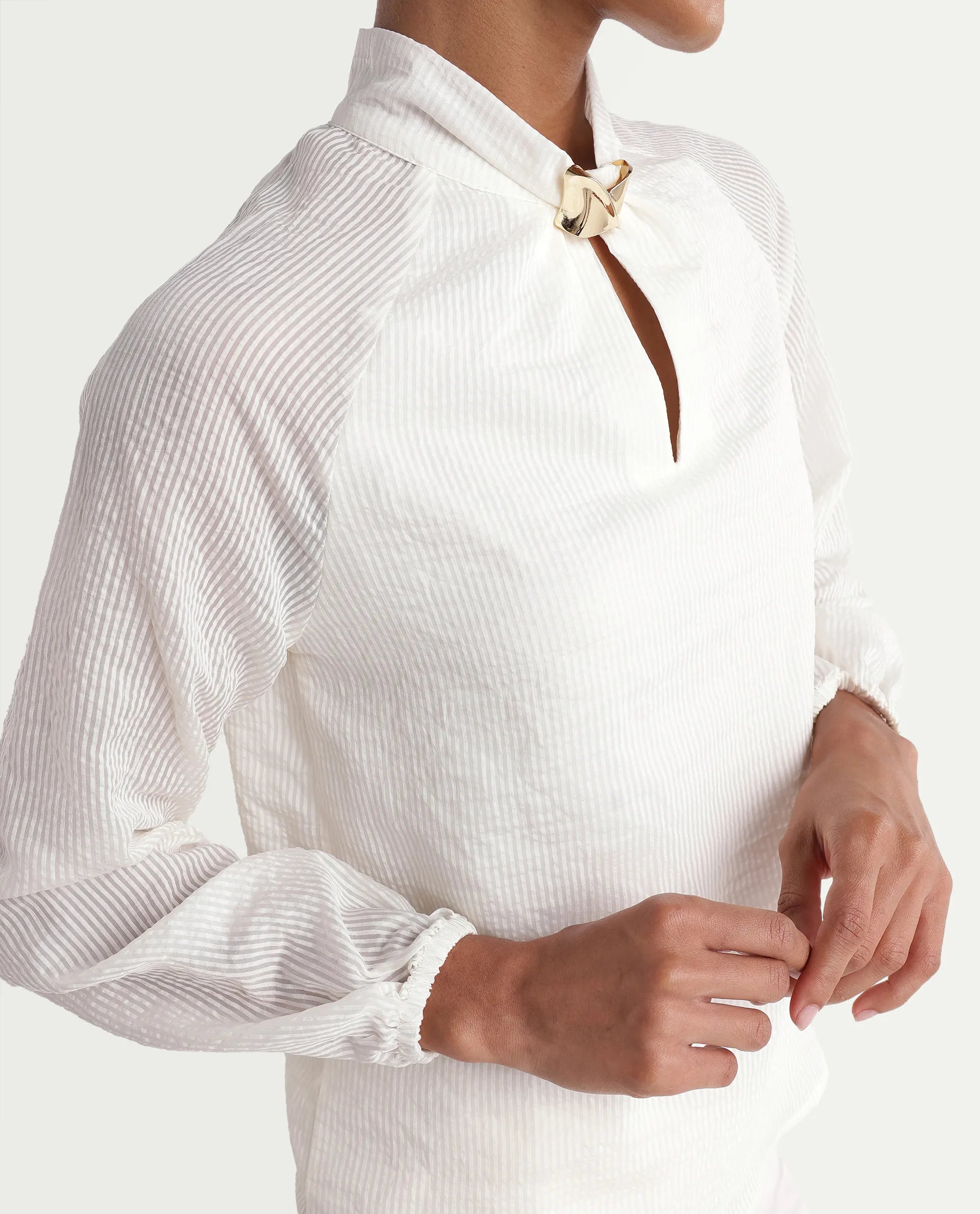 Rareism Women's Dyna Off White Viscose Blend Band Collar Button Regular Plain Top