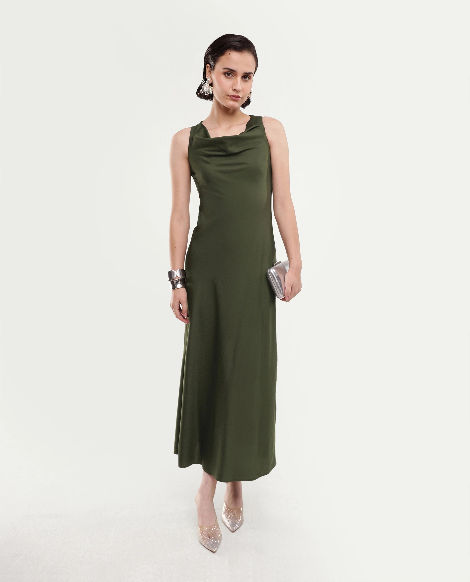 Rareism Women's Jenketss26 Olive Sleeveless Halter Neck Fit And Flare Plain Dress
