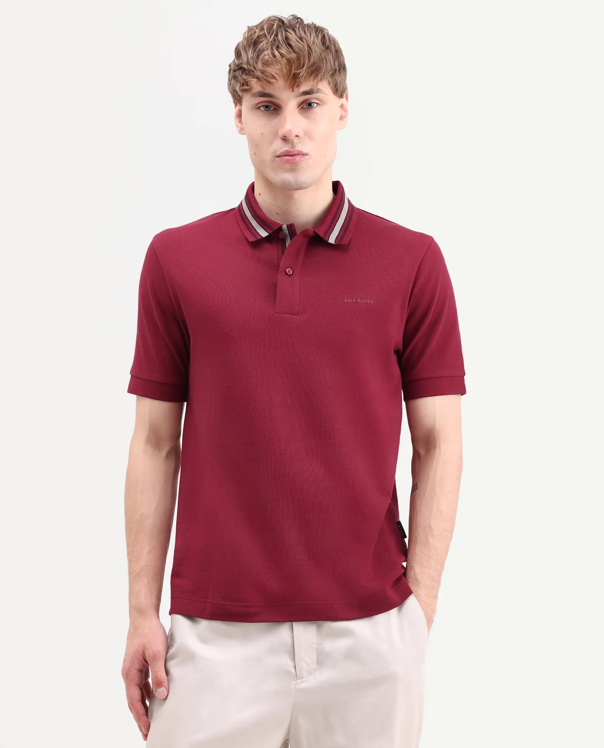 Rare Rabbit Men's Peri Red Cotton Blend Fabric Half Sleeve Spread Collar Regular Fit Plain Polo