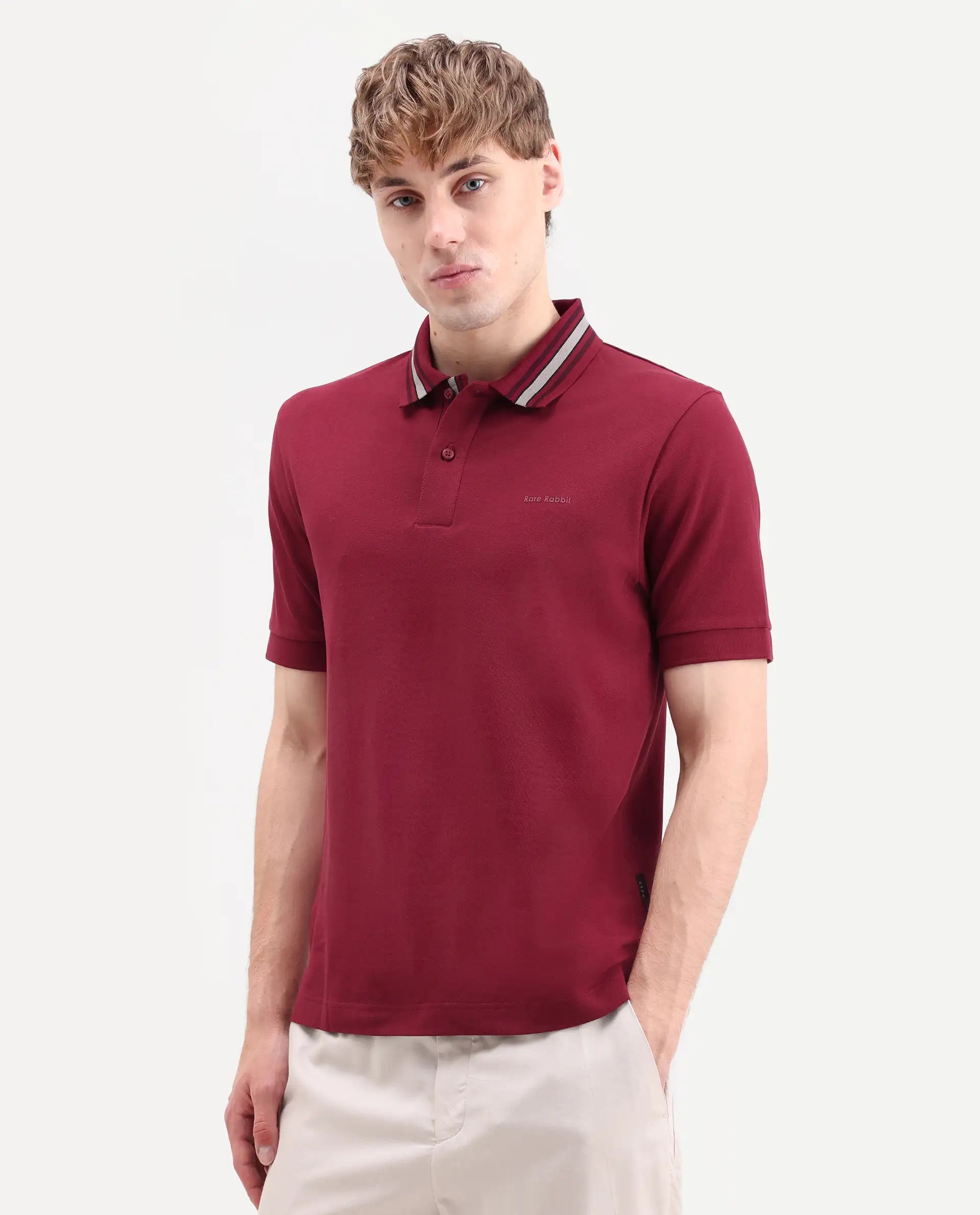 Rare Rabbit Men's Peri Red Cotton Blend Fabric Half Sleeve Spread Collar Regular Fit Plain Polo